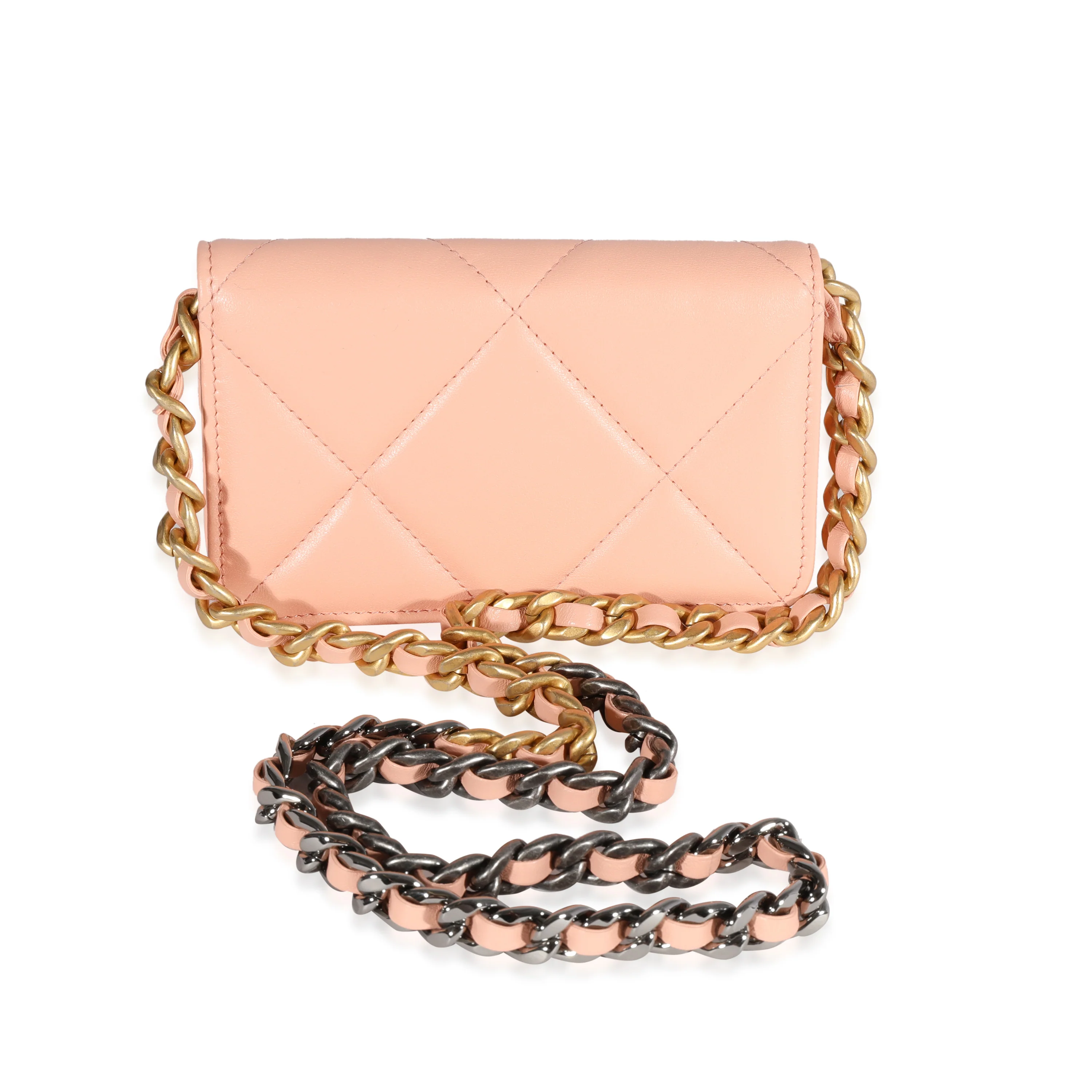 Chanel Light Orange Quilted Lambskin Chanel 19 Mini Coin Purse With Chain - Image 3
