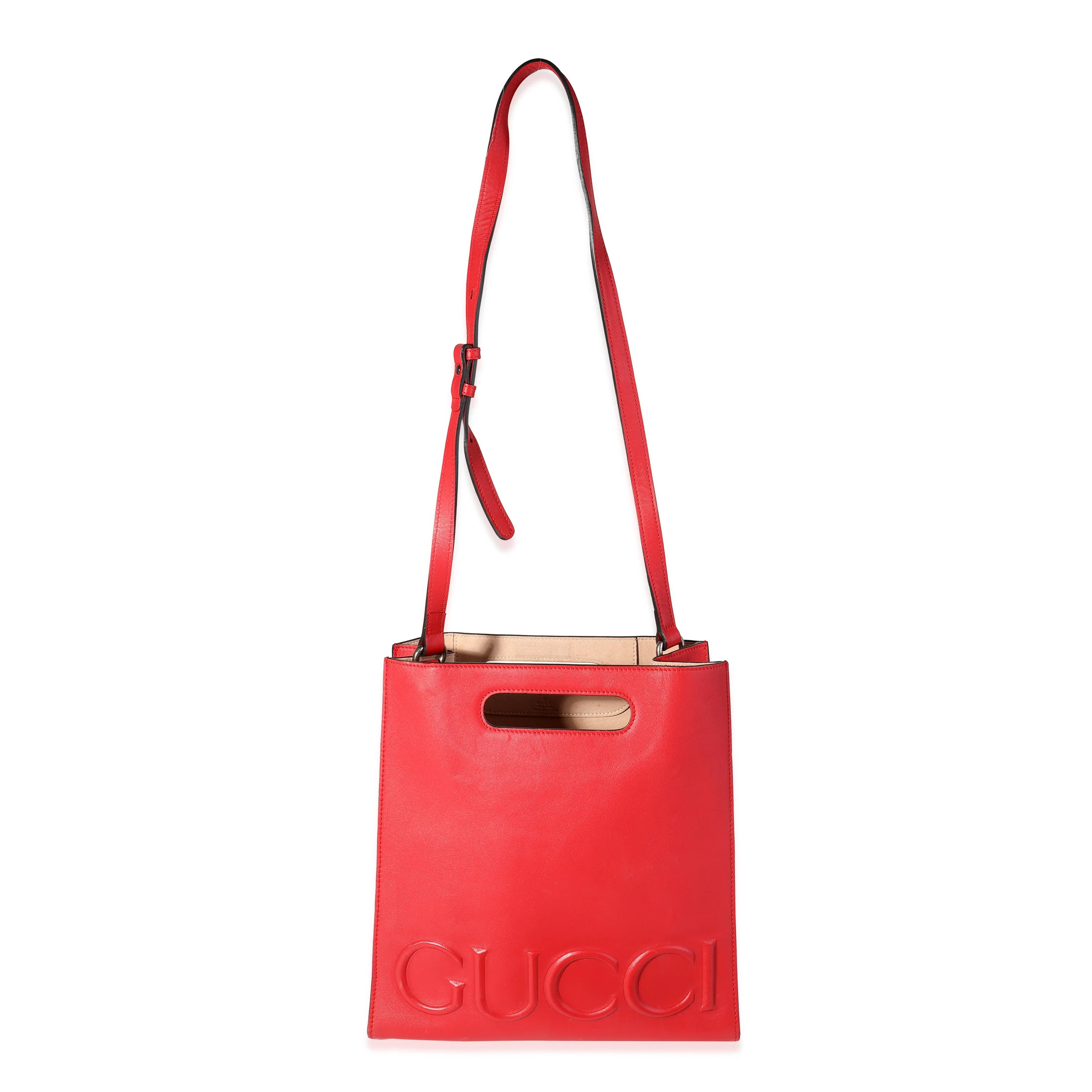 Gucci Red Leather Embossed Logo Tote - Image 8