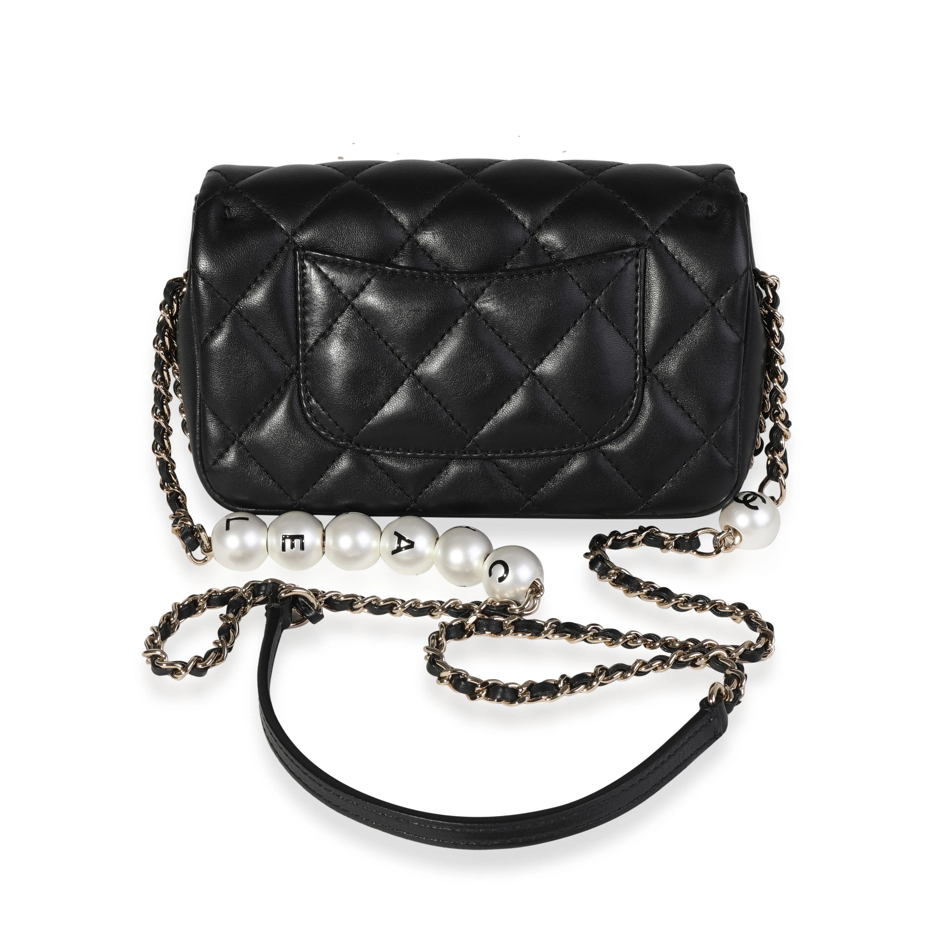 Chanel Black Quilted Lambskin Pearl Logo Strap Small Flap Bag - Image 3