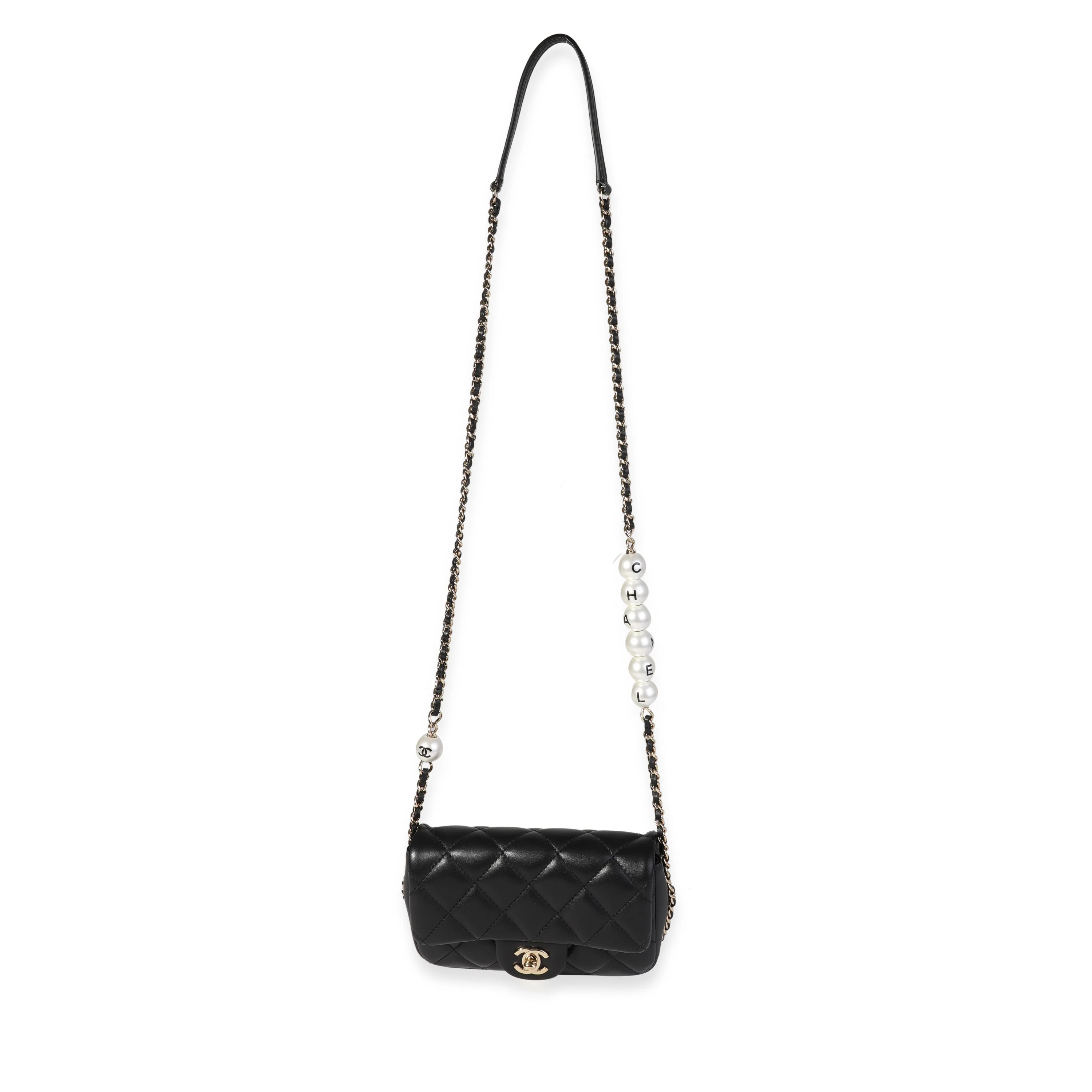 Chanel Black Quilted Lambskin Pearl Logo Strap Small Flap Bag - Image 4