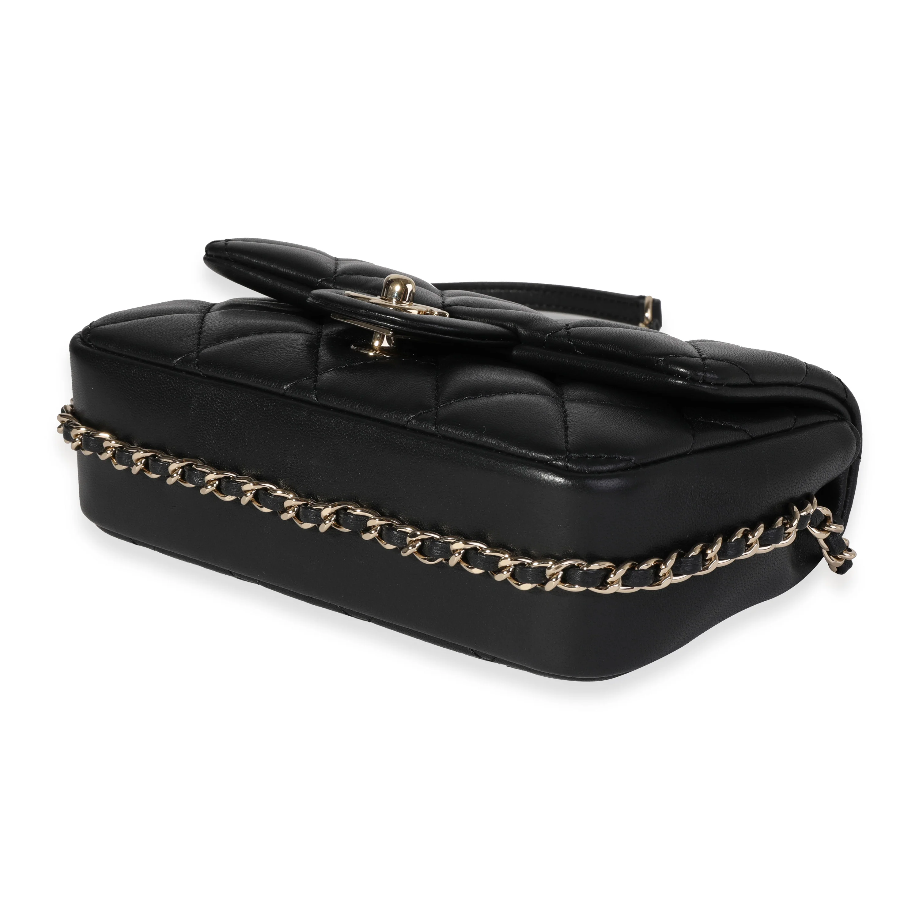 Chanel Black Quilted Lambskin Pearl Logo Strap Small Flap Bag - Image 7