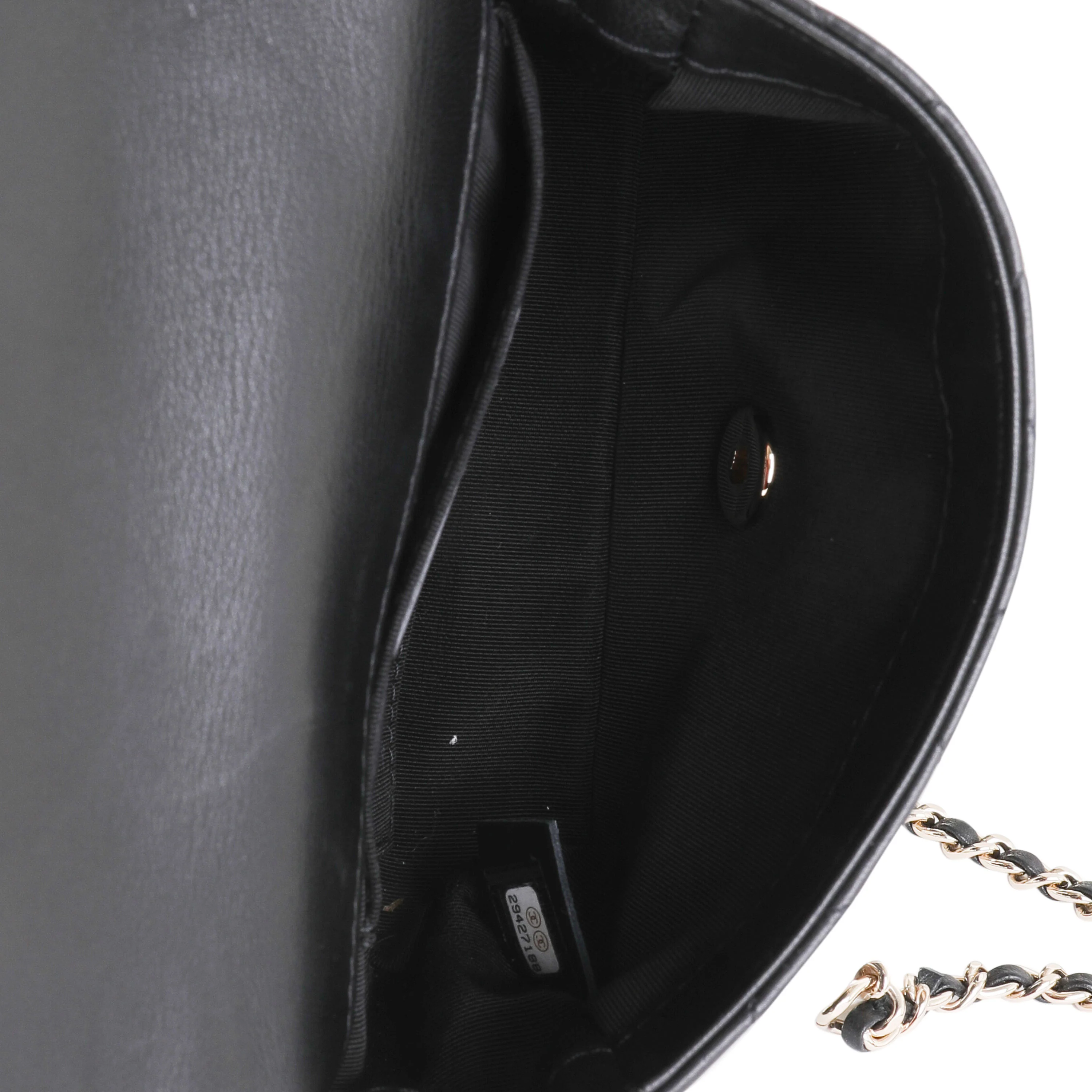 Chanel Black Quilted Lambskin Pearl Logo Strap Small Flap Bag - Image 8