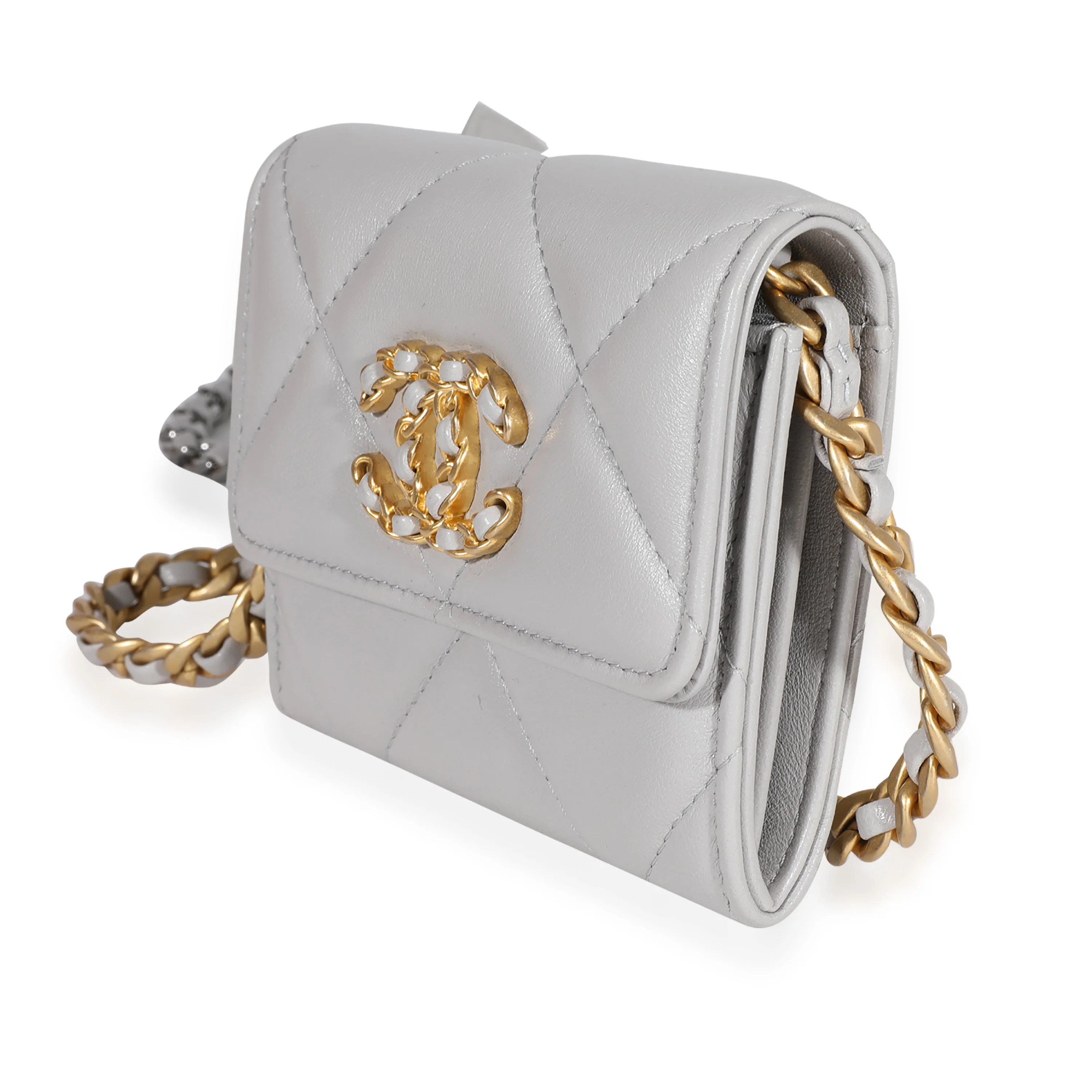 Chanel Gray Quilted Lambskin Chanel 19 Flap Coin Purse with Chain - Image 2