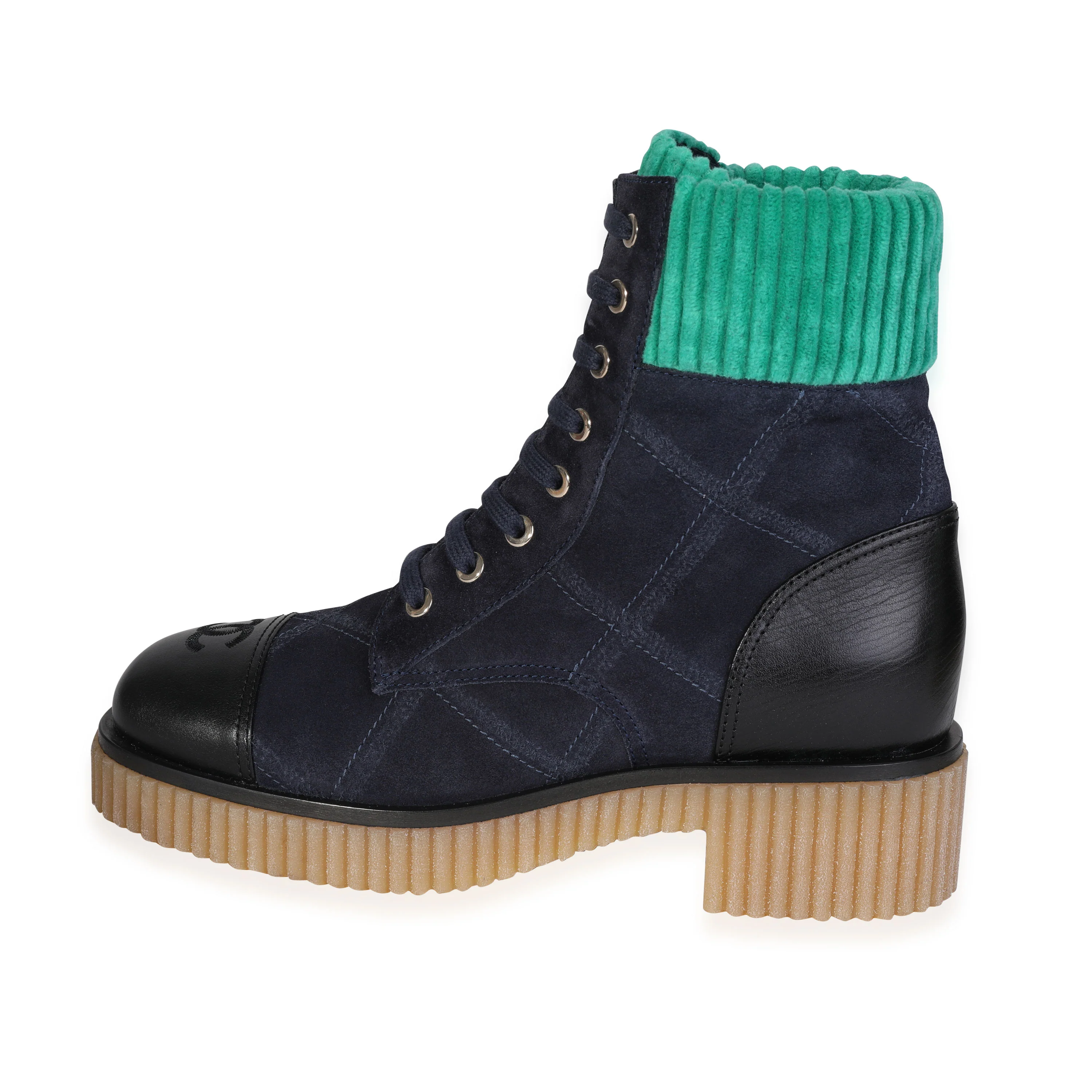 Chanel Suede Calfskin Velvet Quilted CC Combat Navy Green Black 37.5