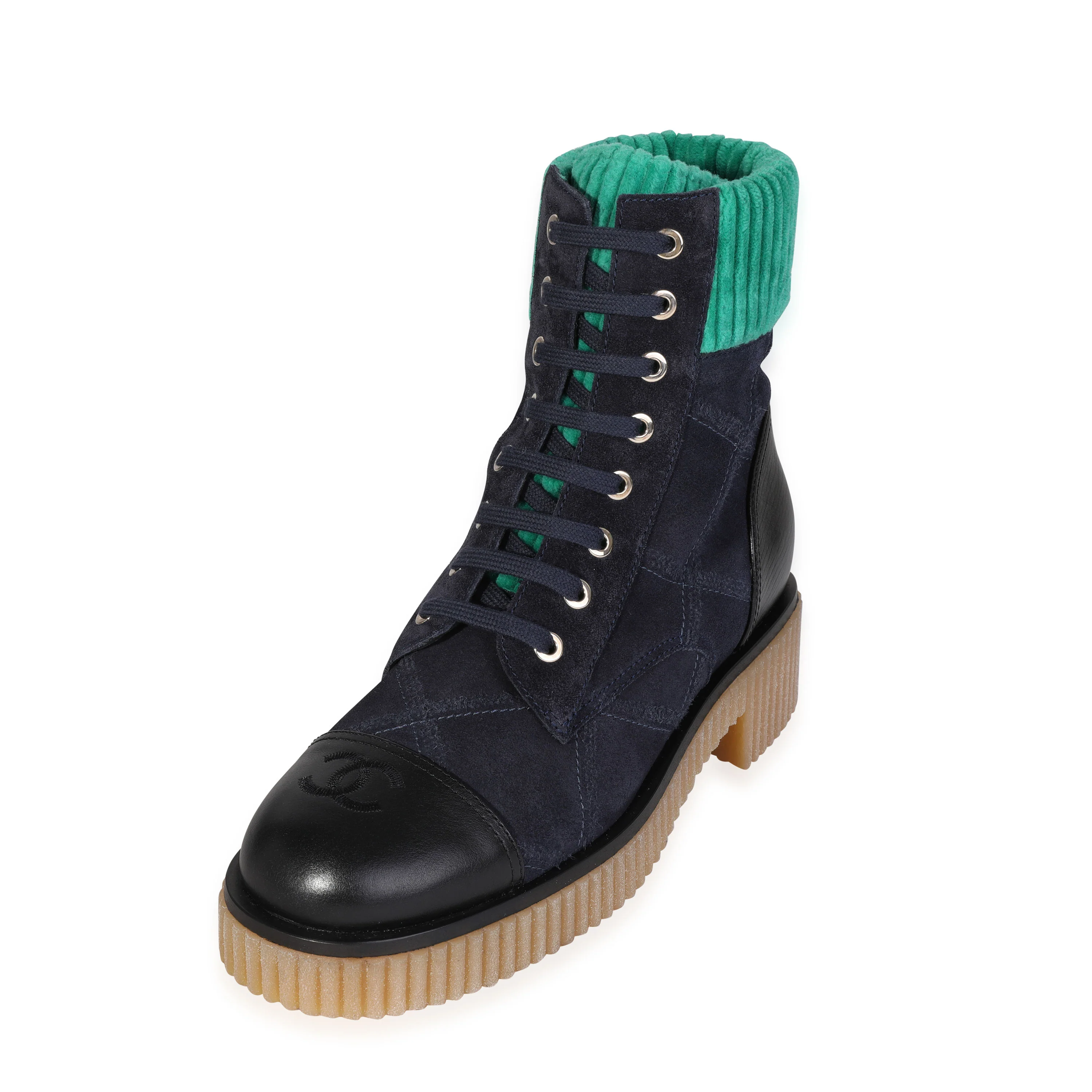 Chanel Suede Calfskin Velvet Quilted CC Combat Navy Green Black 37.5 - Image 2