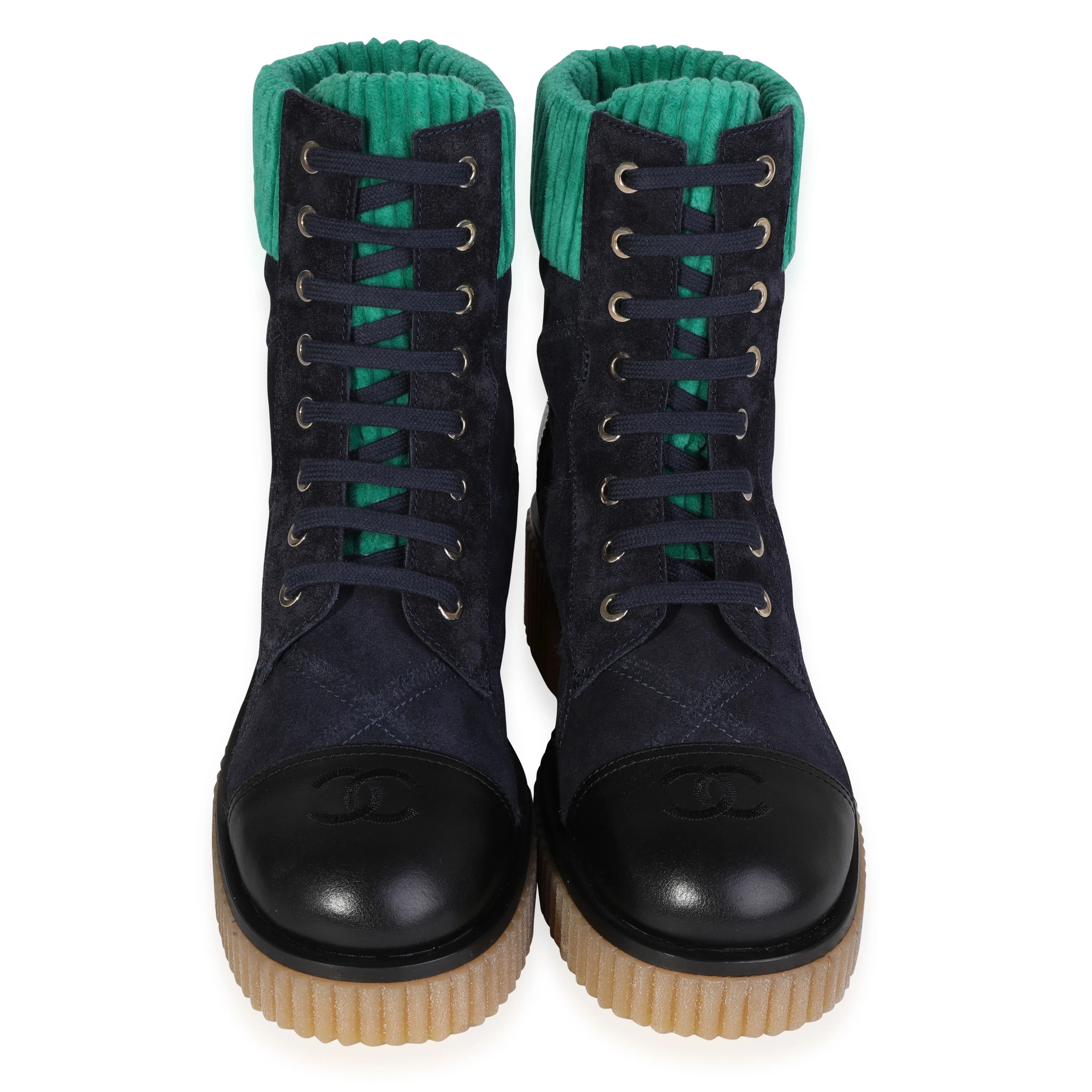 Chanel Suede Calfskin Velvet Quilted CC Combat Navy Green Black 37.5 - Image 3