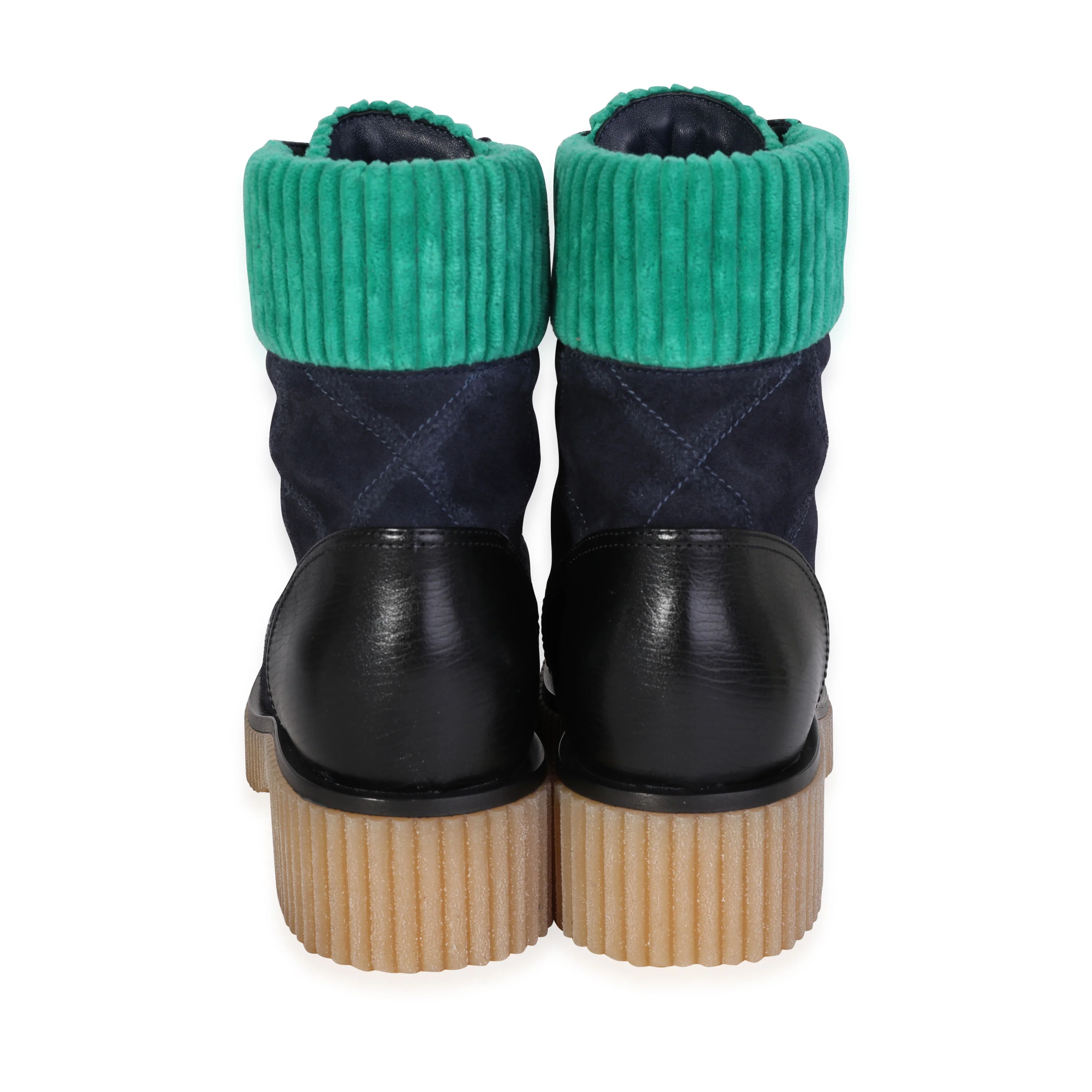 Chanel Suede Calfskin Velvet Quilted CC Combat Navy Green Black 37.5 - Image 4