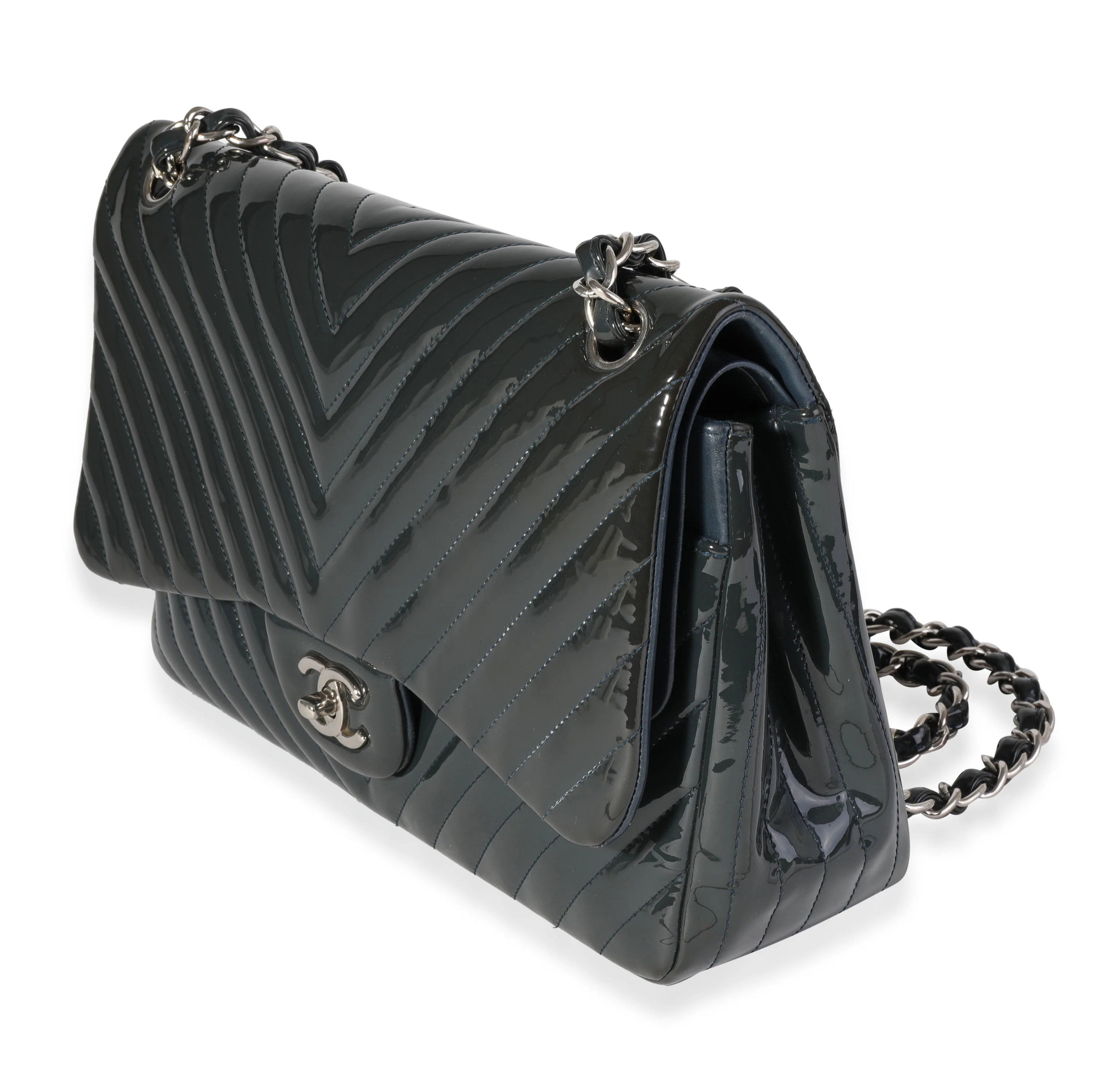 Chanel Navy Chevron Quilted Patent Jumbo Classic Double Flap Bag - Image 2