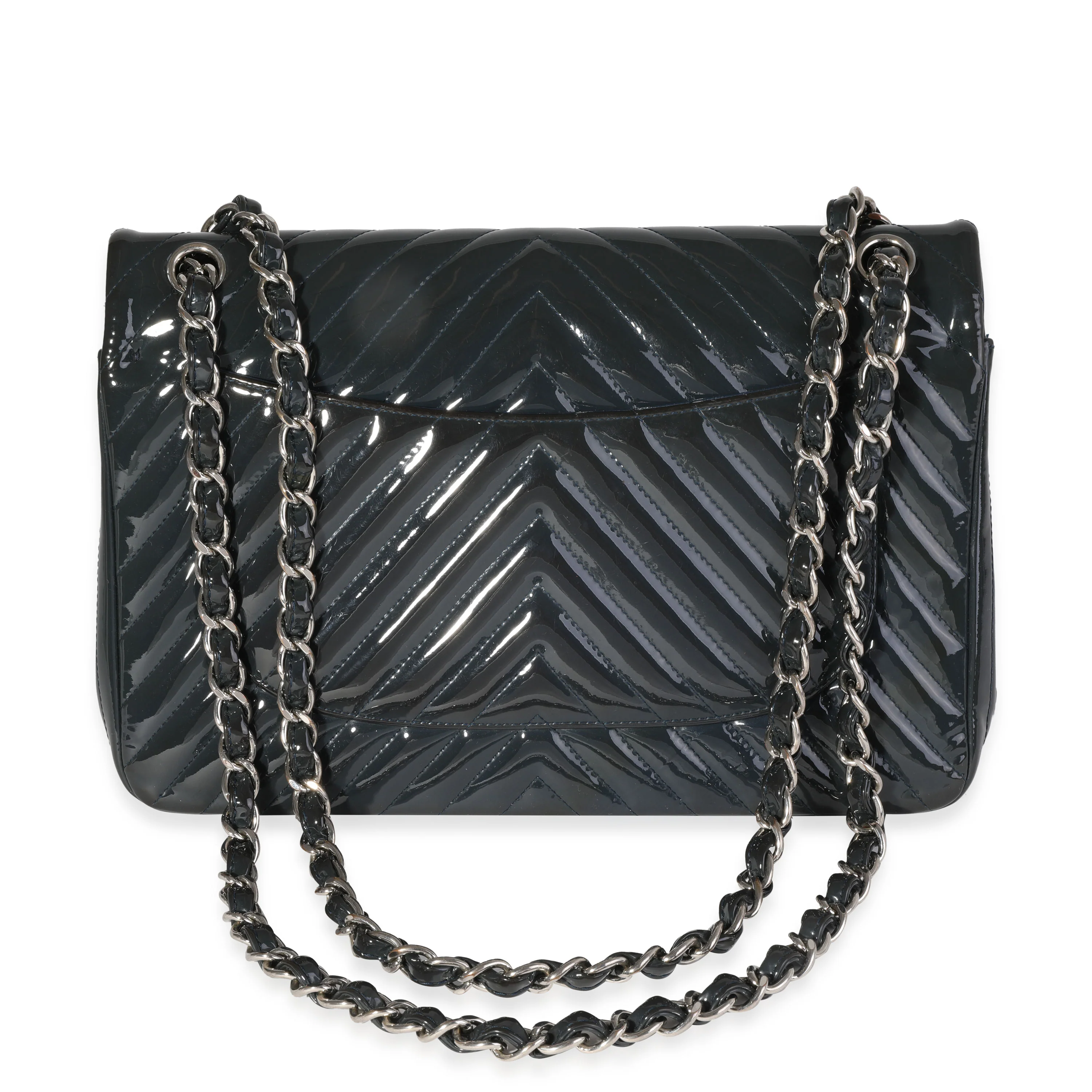 Chanel Navy Chevron Quilted Patent Jumbo Classic Double Flap Bag - Image 3