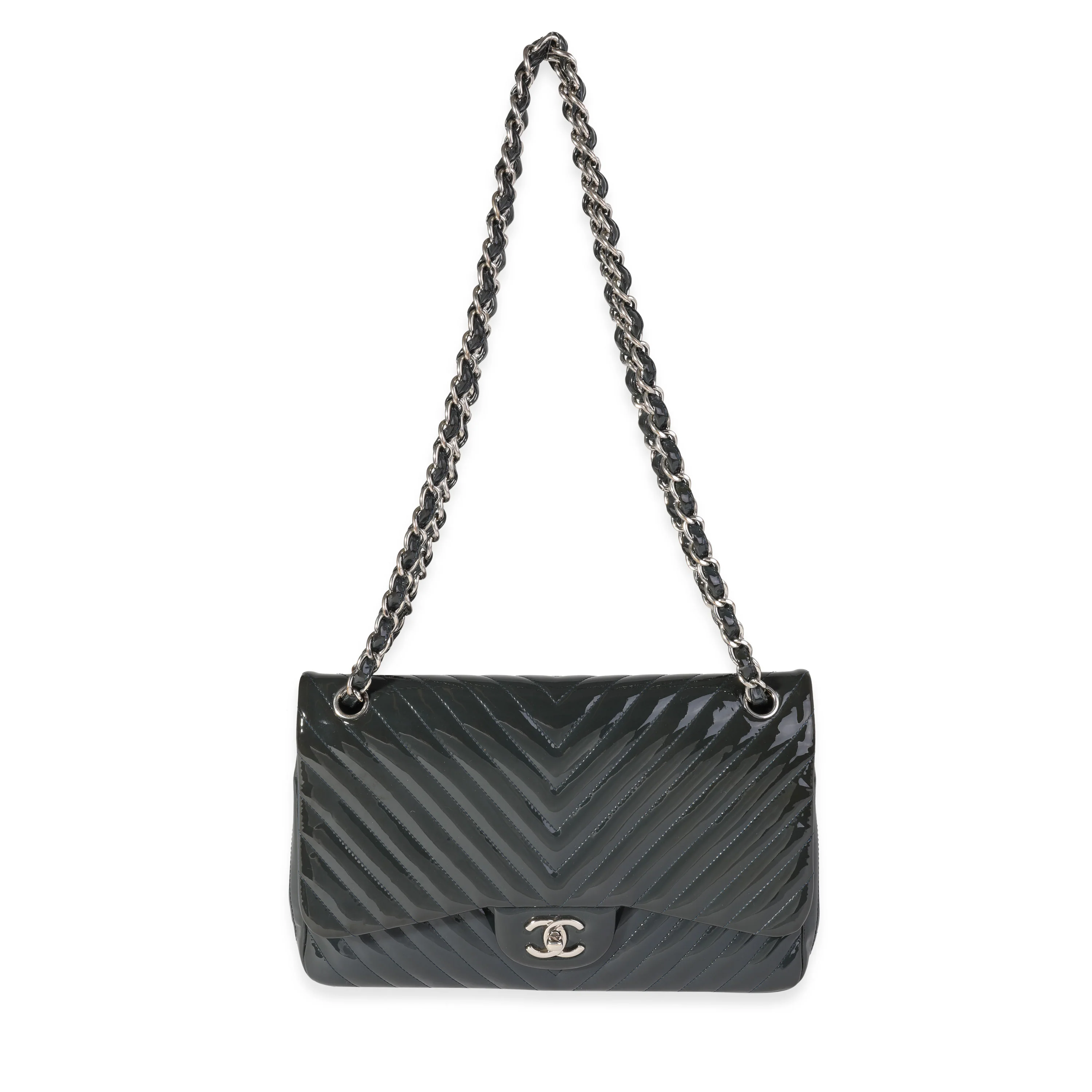 Chanel Navy Chevron Quilted Patent Jumbo Classic Double Flap Bag - Image 4