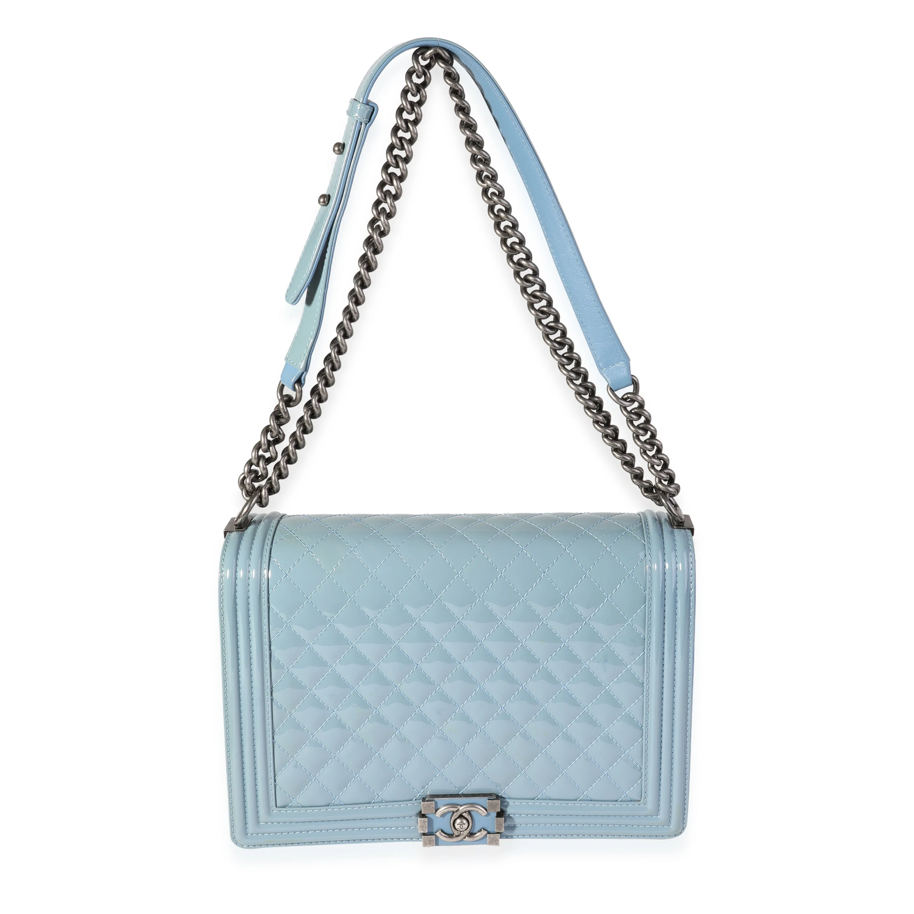Light Blue Quilted Patent Leather Large Boy Bag - Image 4