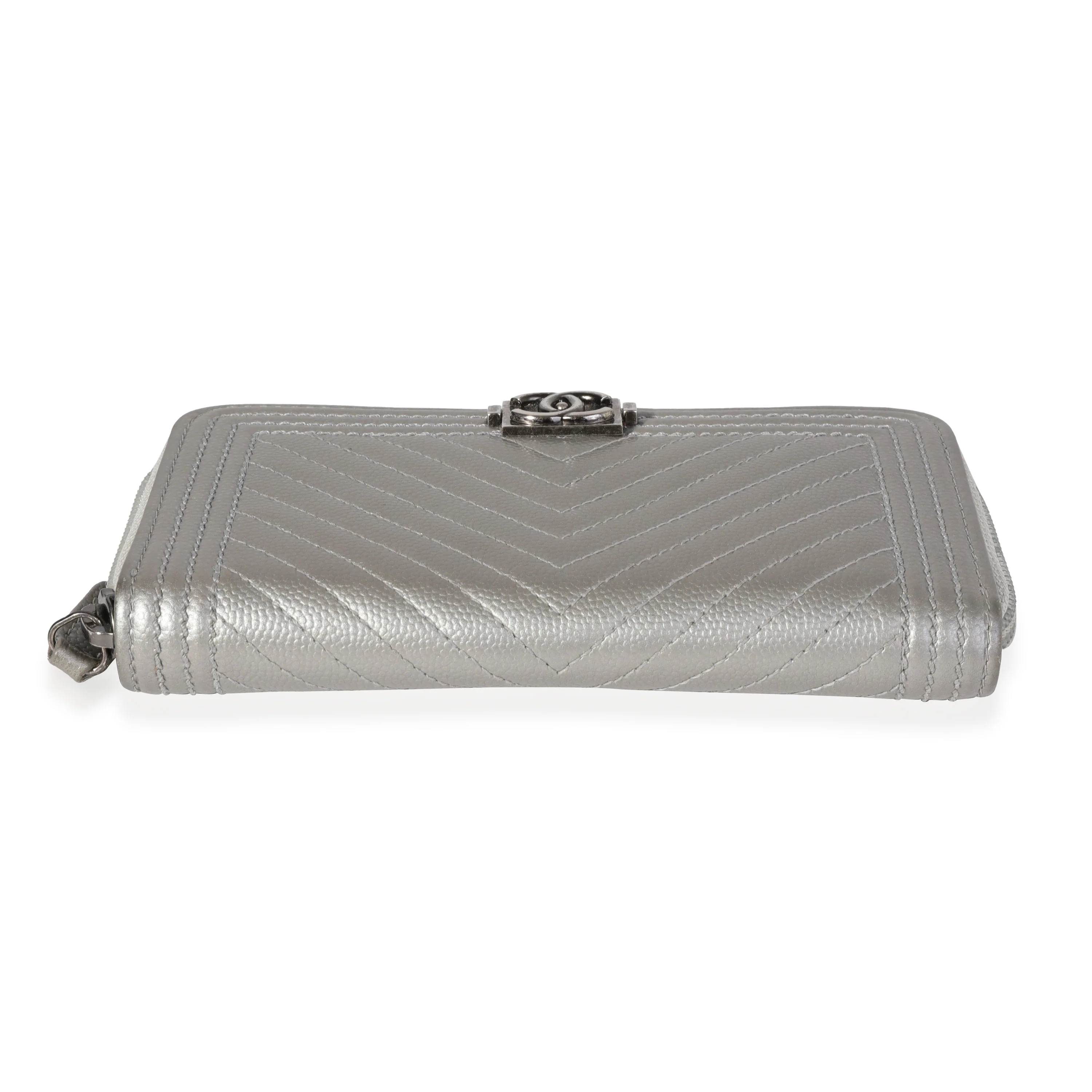 Chanel Silver Chevron Quilted Zip-Around Boy Wallet - Image 4
