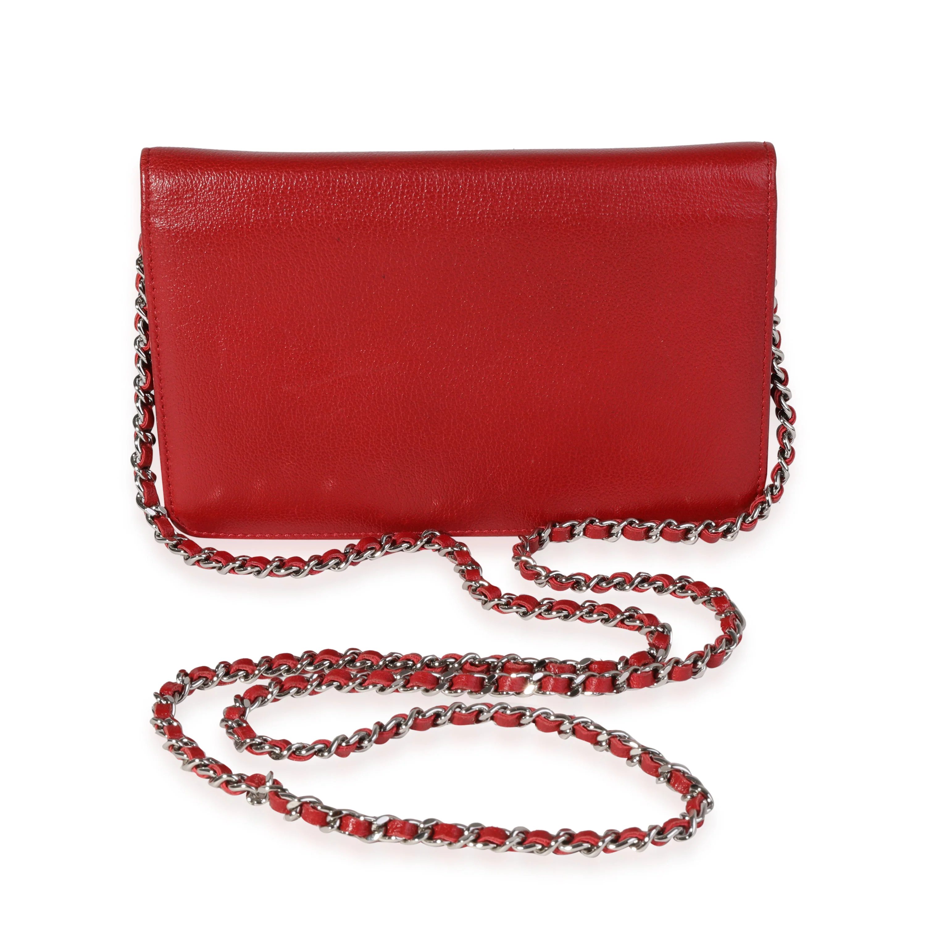Chanel Red Grained Leather Camellia Wallet On Chain - Image 3