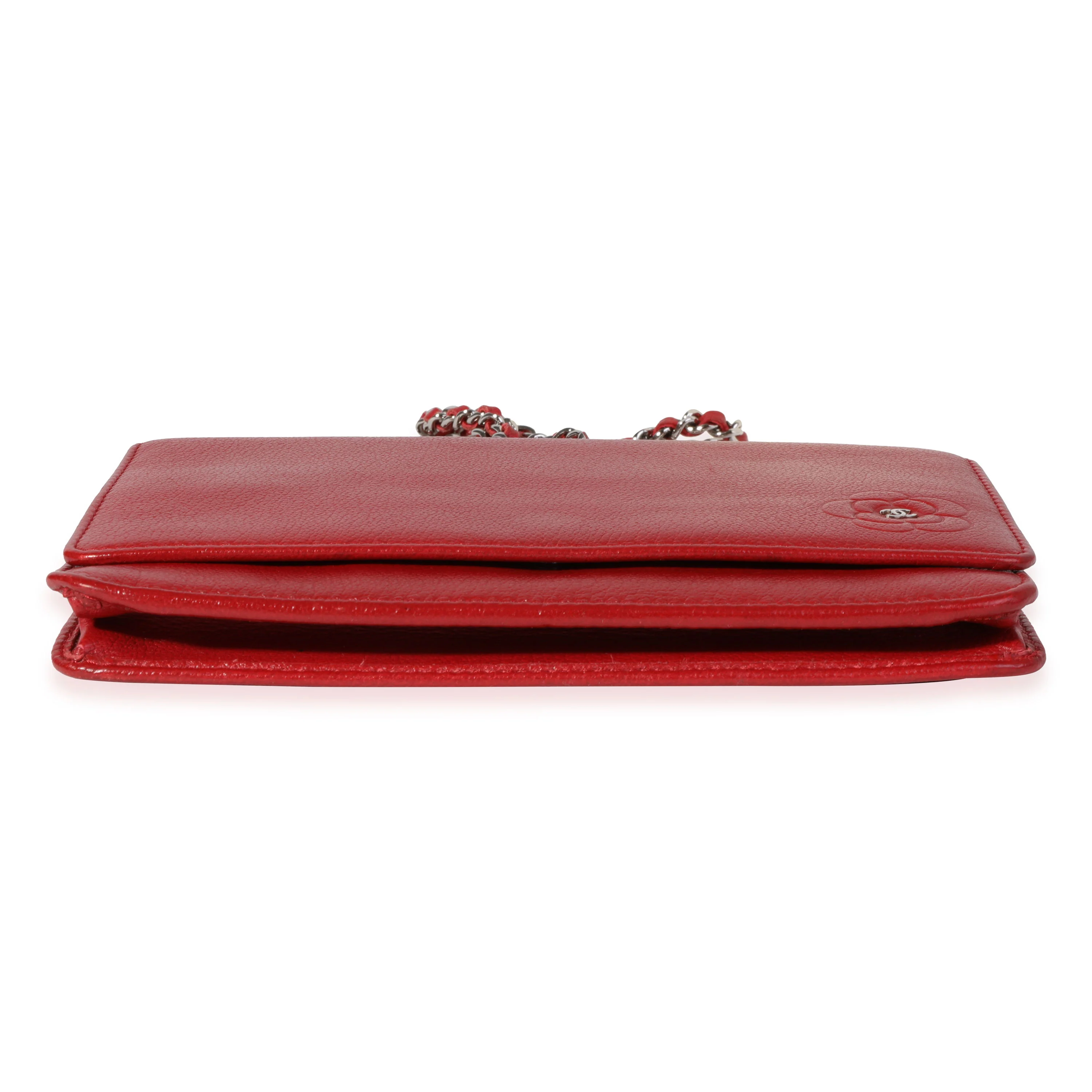 Chanel Red Grained Leather Camellia Wallet On Chain - Image 5