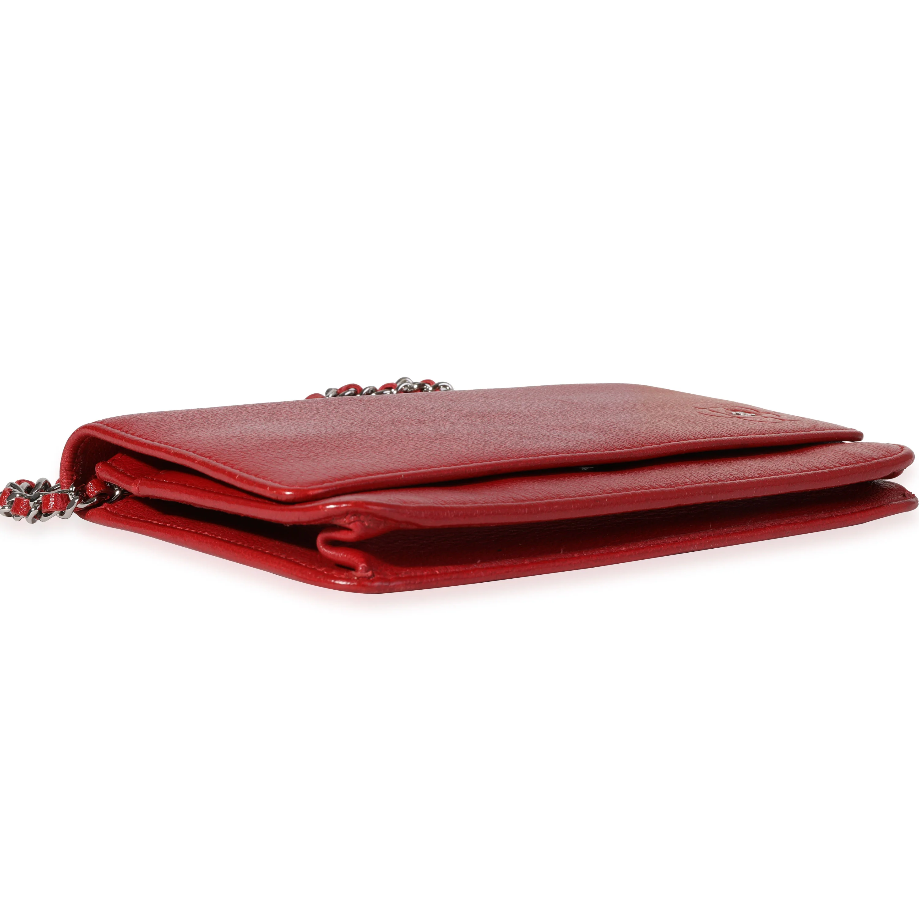 Chanel Red Grained Leather Camellia Wallet On Chain - Image 7