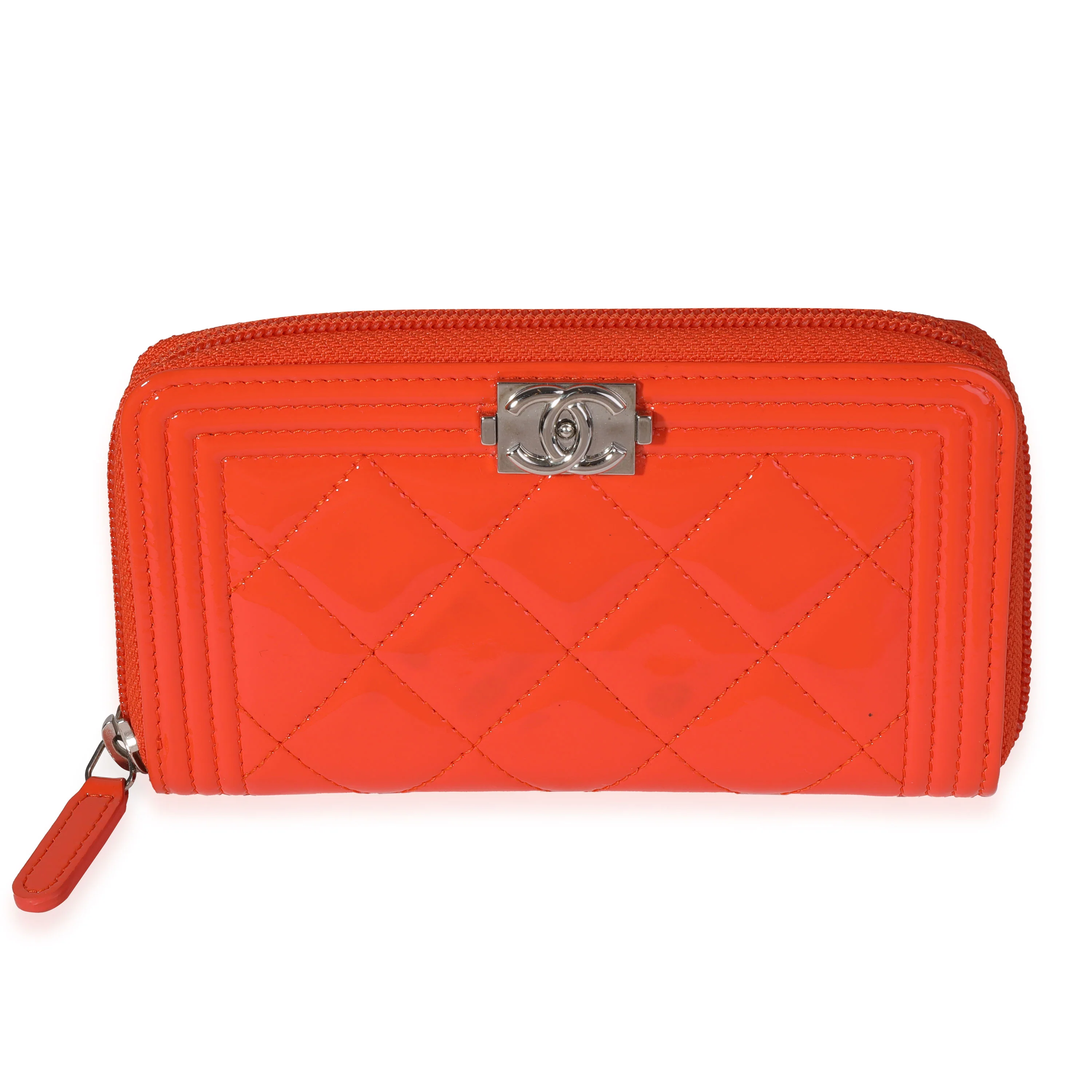 Chanel Orange Quilted Patent Leather Zip-Around Boy Wallet