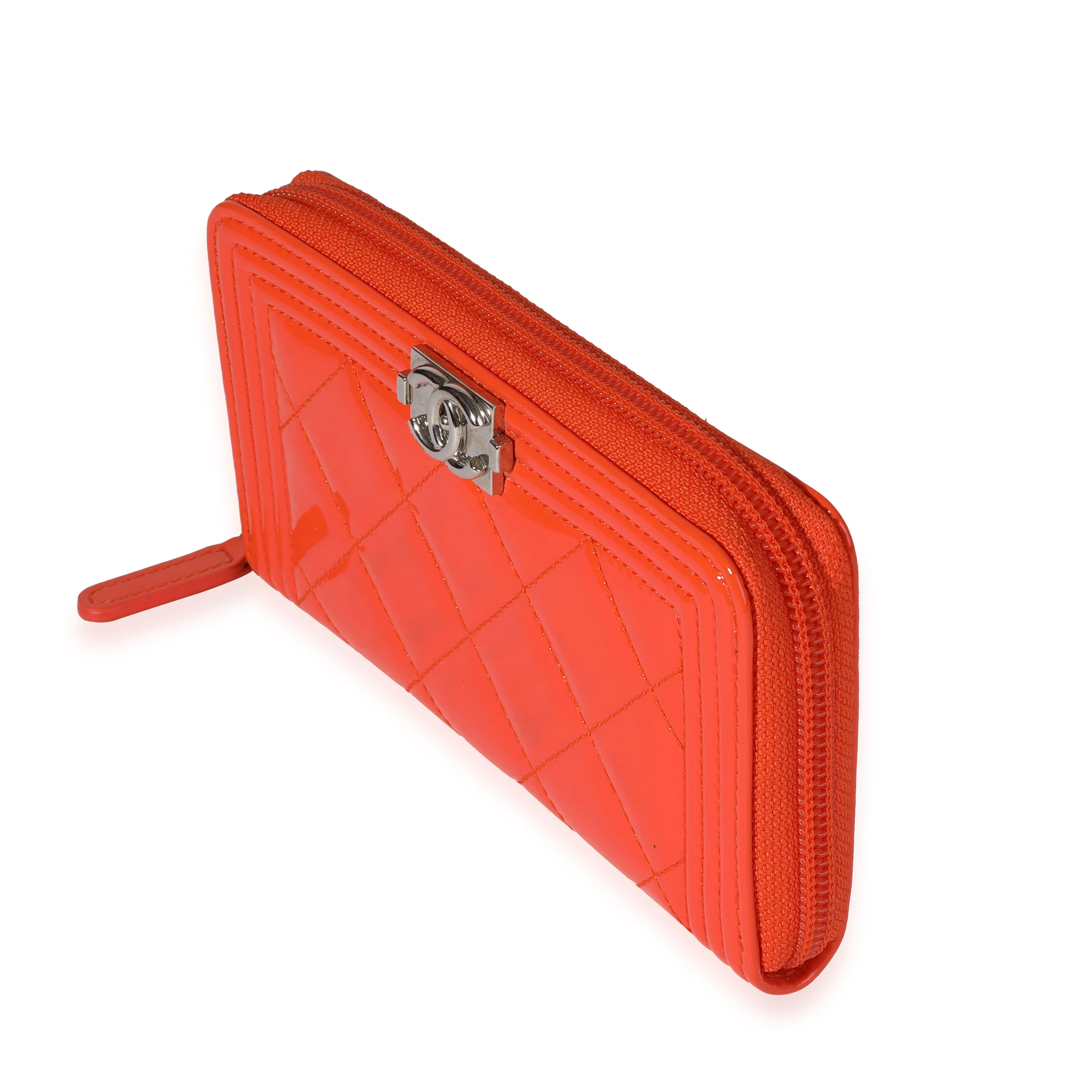 Chanel Orange Quilted Patent Leather Zip-Around Boy Wallet - Image 2