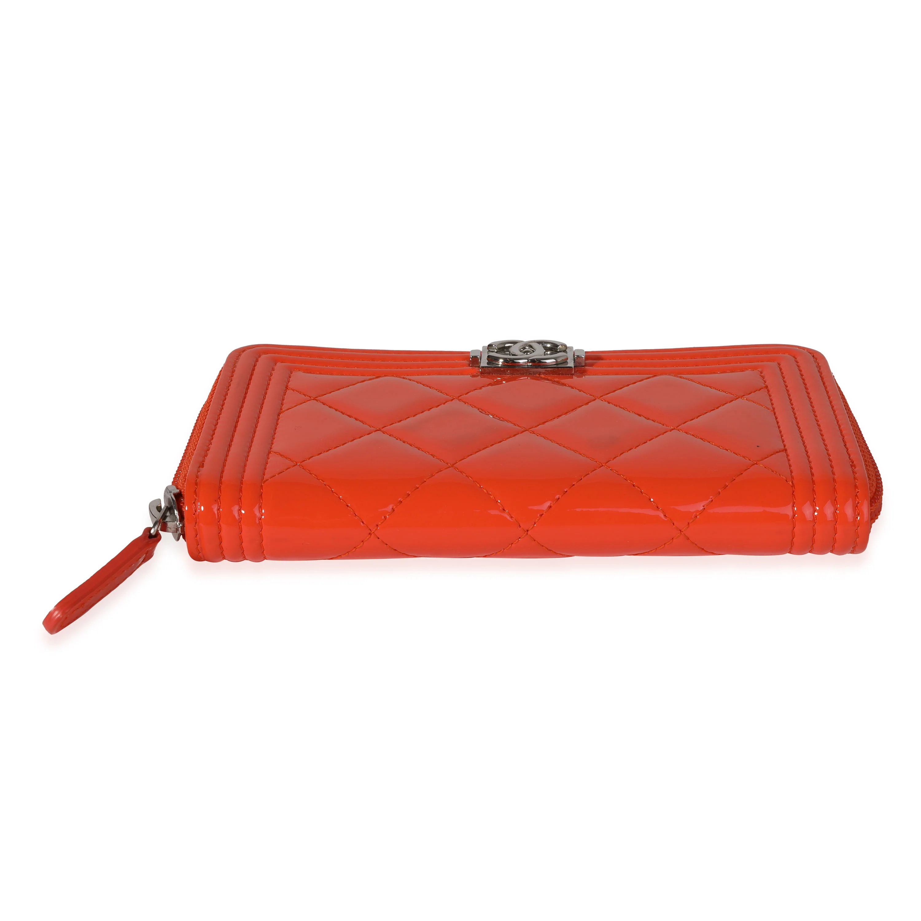 Chanel Orange Quilted Patent Leather Zip-Around Boy Wallet - Image 4