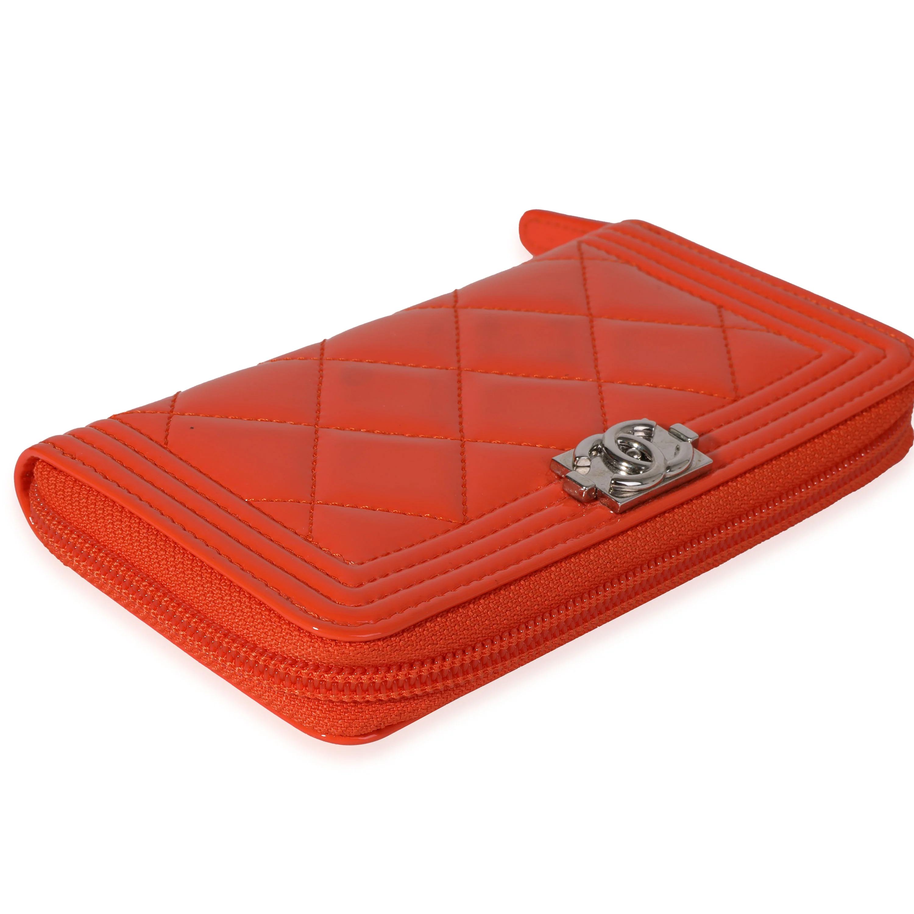 Chanel Orange Quilted Patent Leather Zip-Around Boy Wallet - Image 5