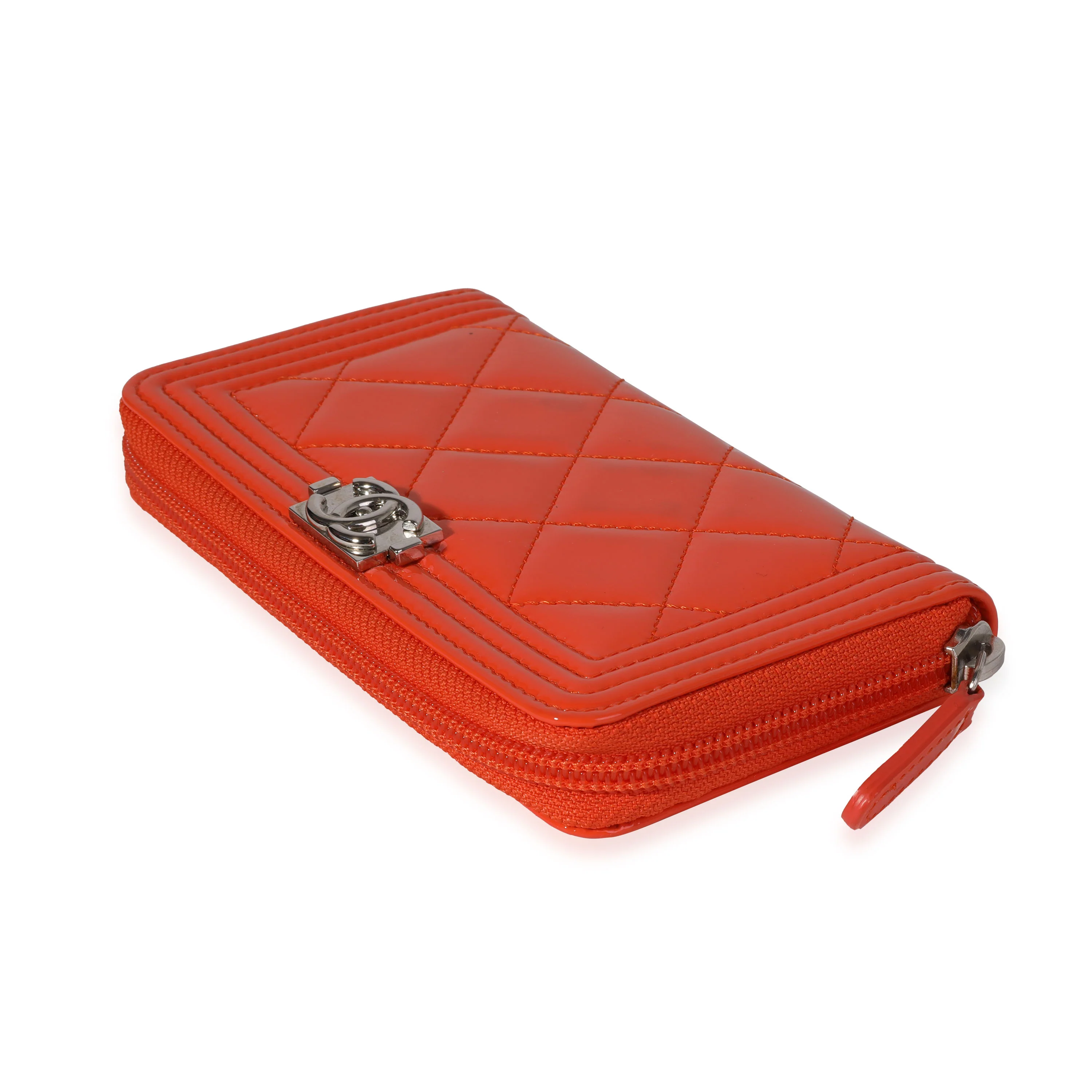 Chanel Orange Quilted Patent Leather Zip-Around Boy Wallet - Image 6