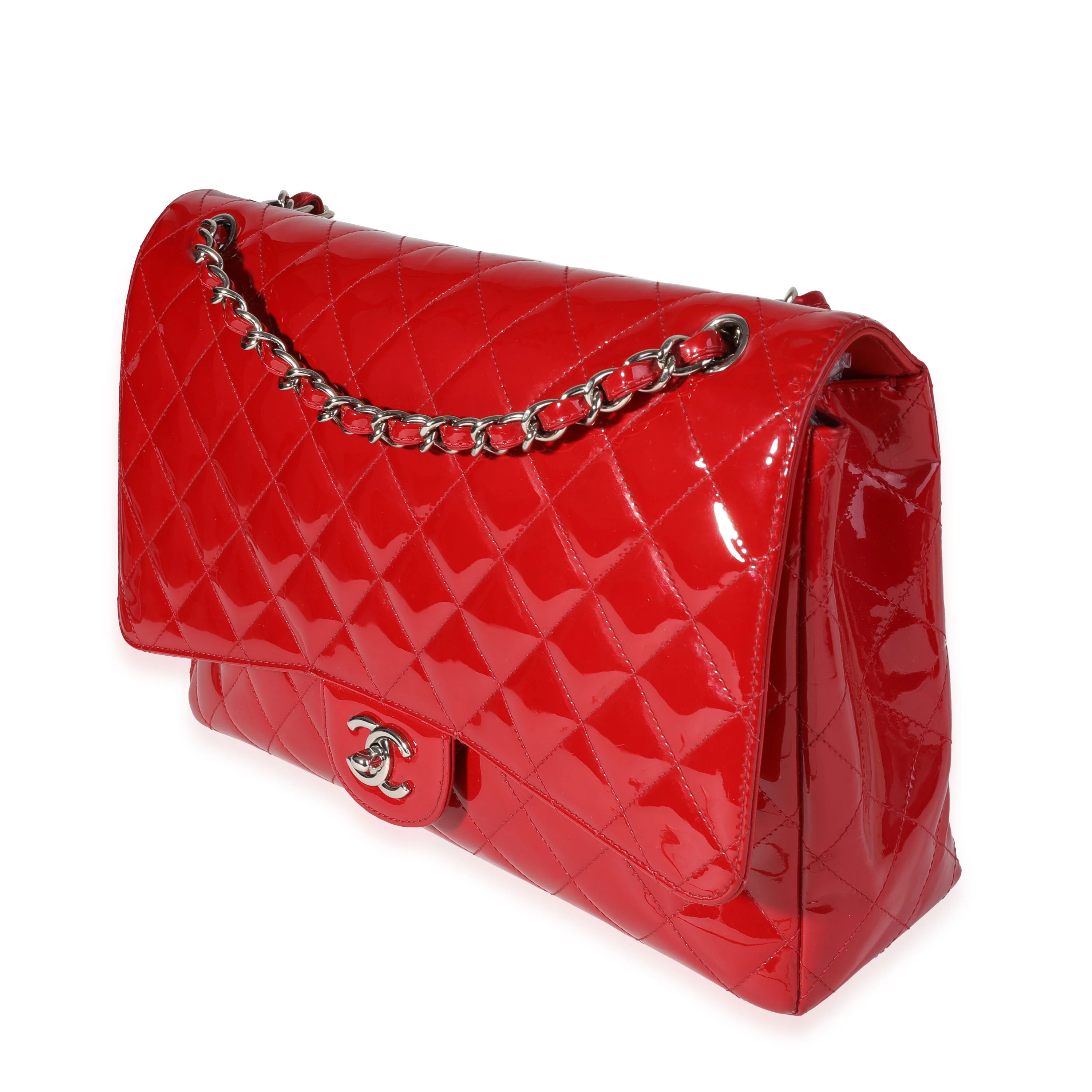 Chanel Red Quilted Patent Leather Maxi Classic Single Flap Bag - Image 2