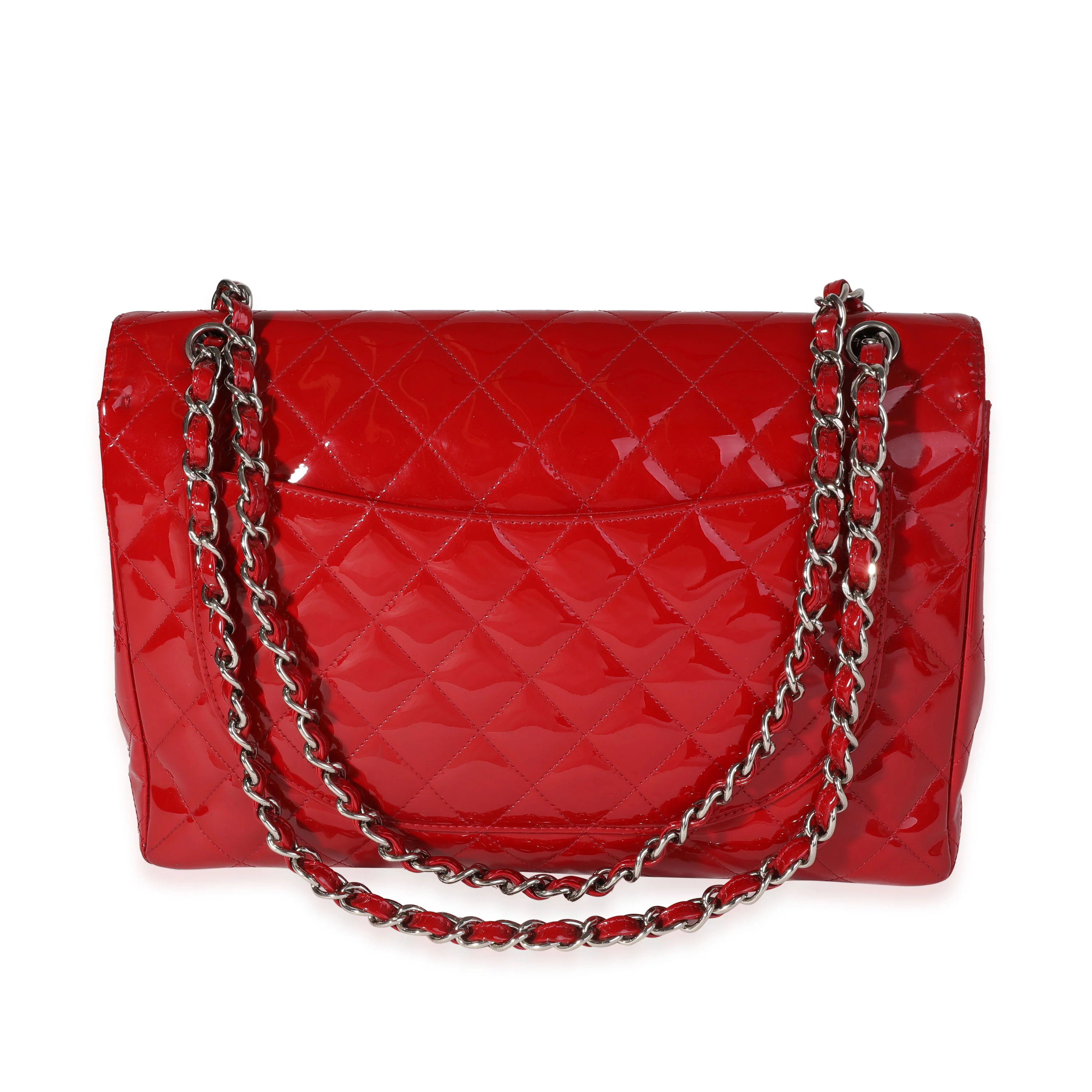 Chanel Red Quilted Patent Leather Maxi Classic Single Flap Bag - Image 3