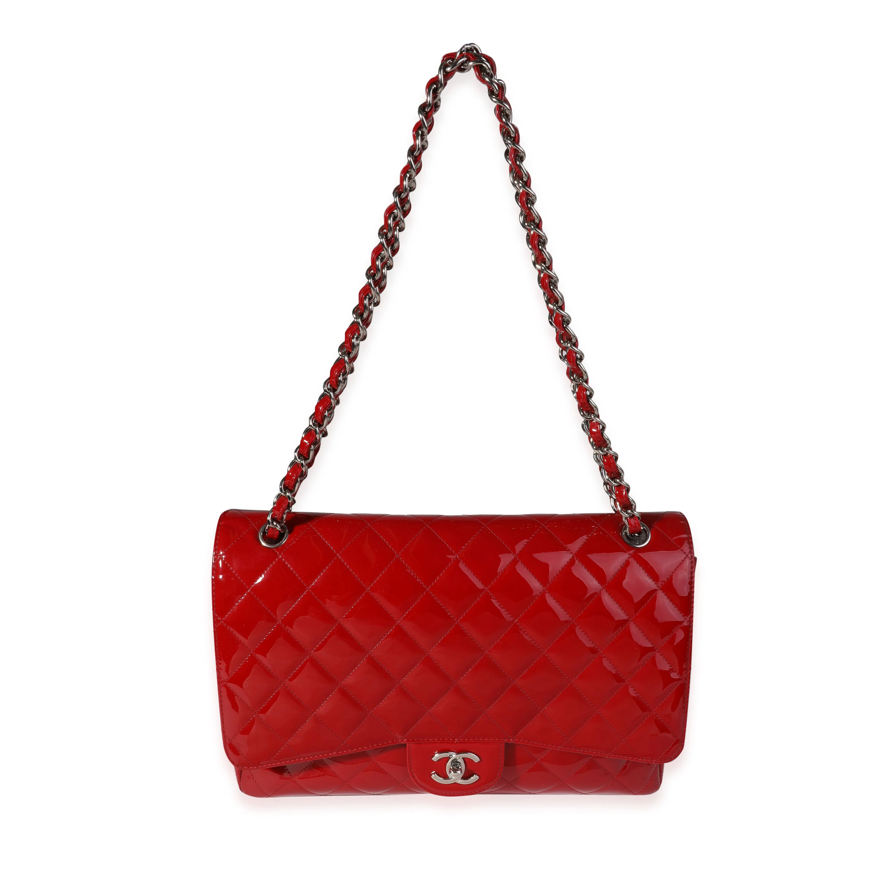Chanel Red Quilted Patent Leather Maxi Classic Single Flap Bag - Image 4