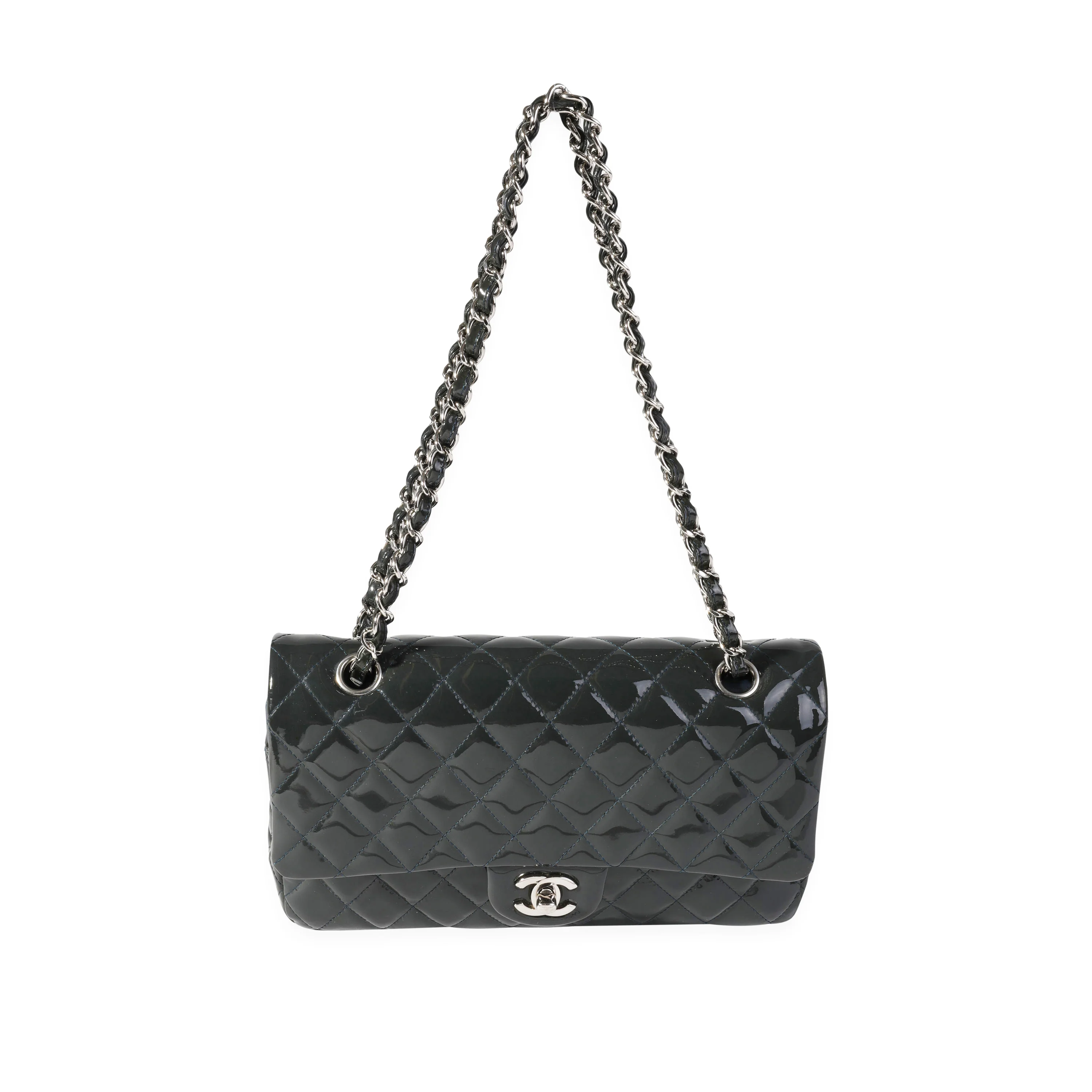 Shadow & Blue Quilted Patent Leather Medium Classic Double Flap Bag - Image 4