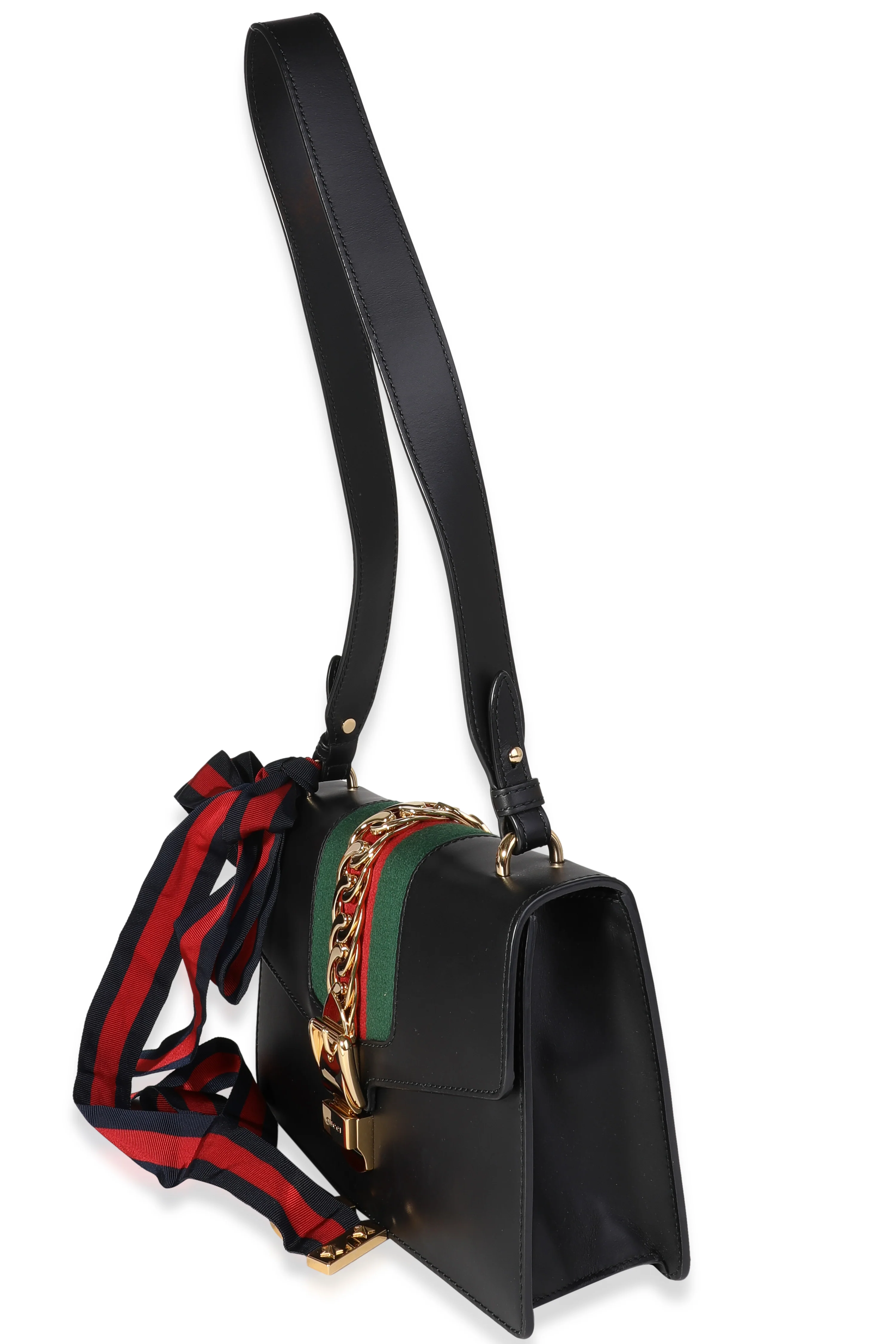 Gucci Black Smooth Leather & Web Small Sylvie Shoulder Bag - Image 8