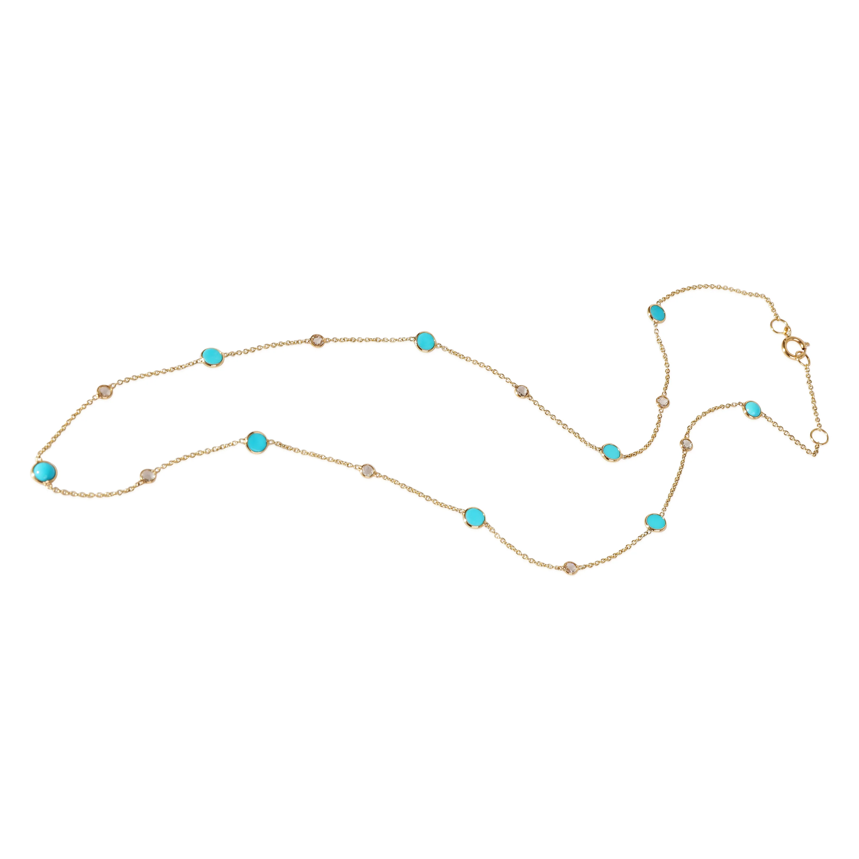 Turquoise &. Rose Cut Diamond Station Necklace, 18k Yellow Gold 0.09 CTW - Image 3