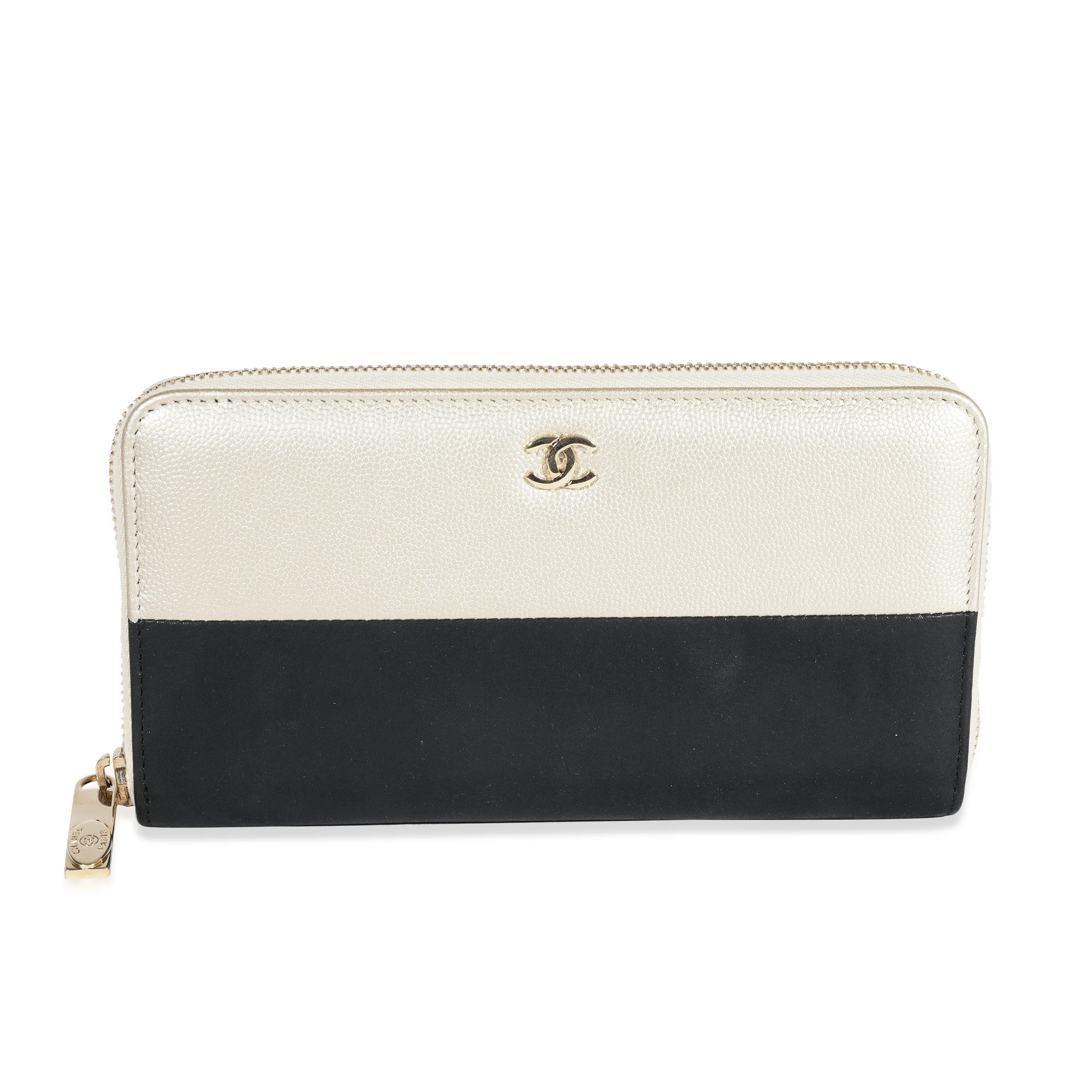Chanel Black Satin & Metallic Light Gold Caviar Leather L-Gusset Zip Wallet