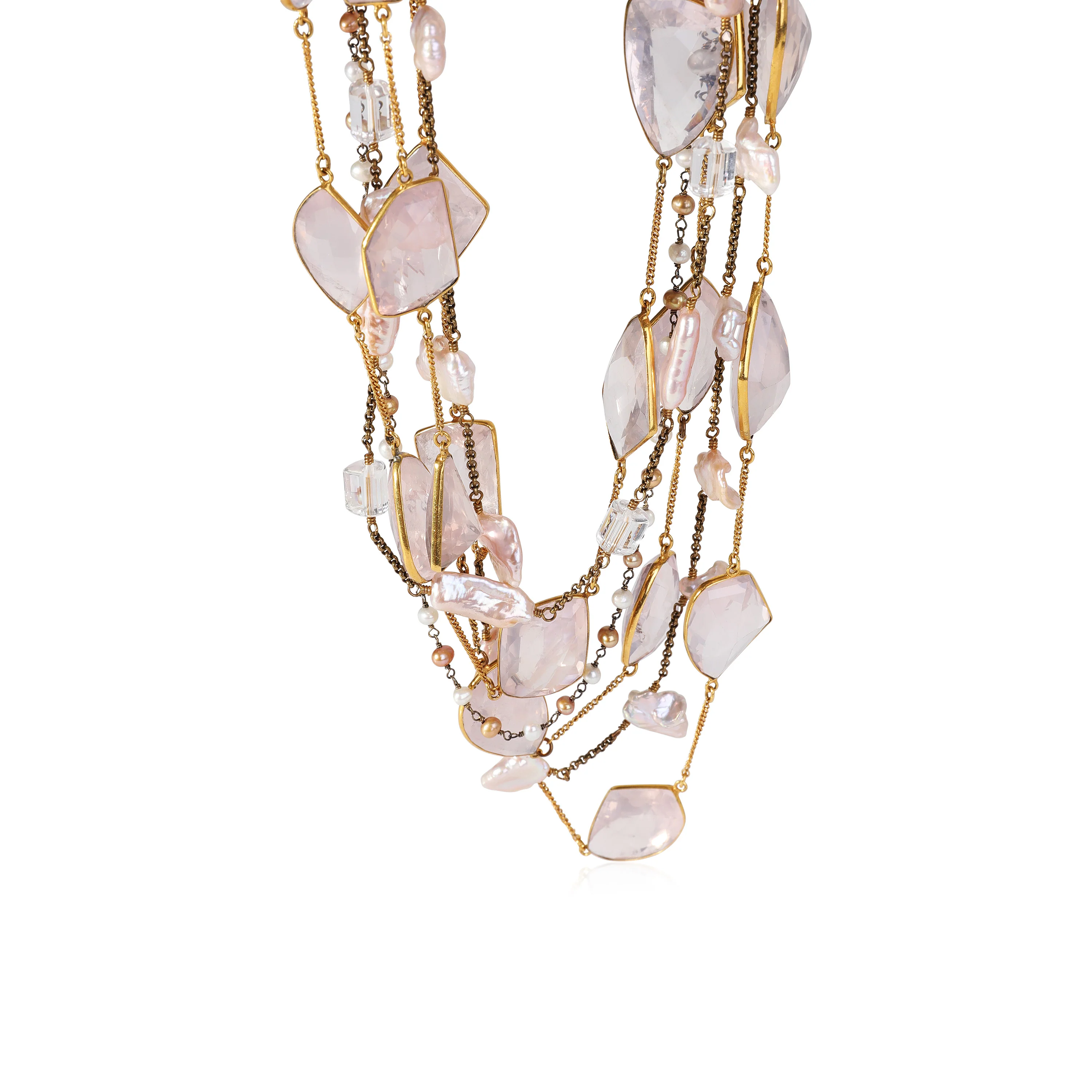 Brass-Toned Rose Quartz & Flat Freshwater Pearl 6 Swag Necklace