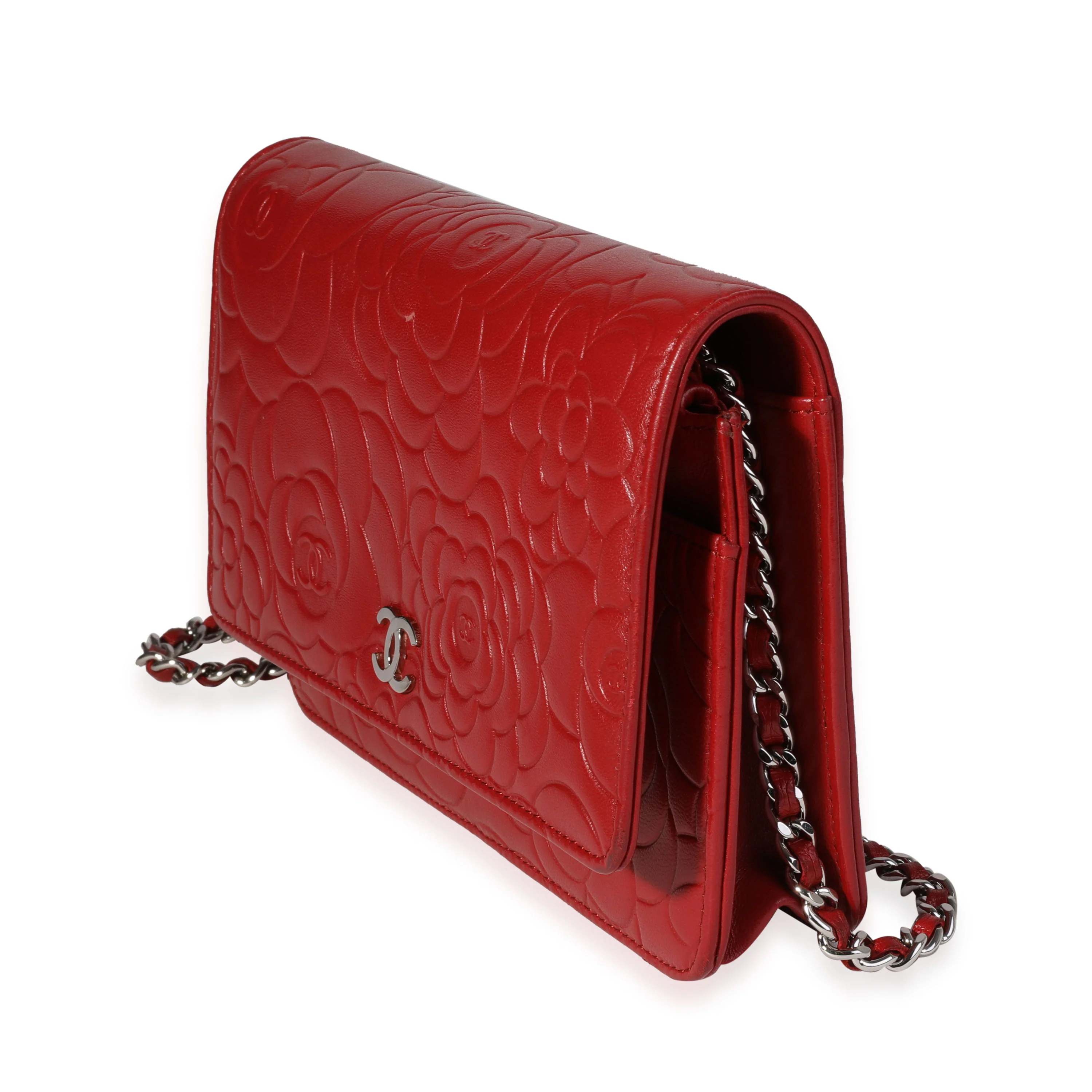 Chanel Red Camellia-Embossed Leather Wallet on Chain - Image 2