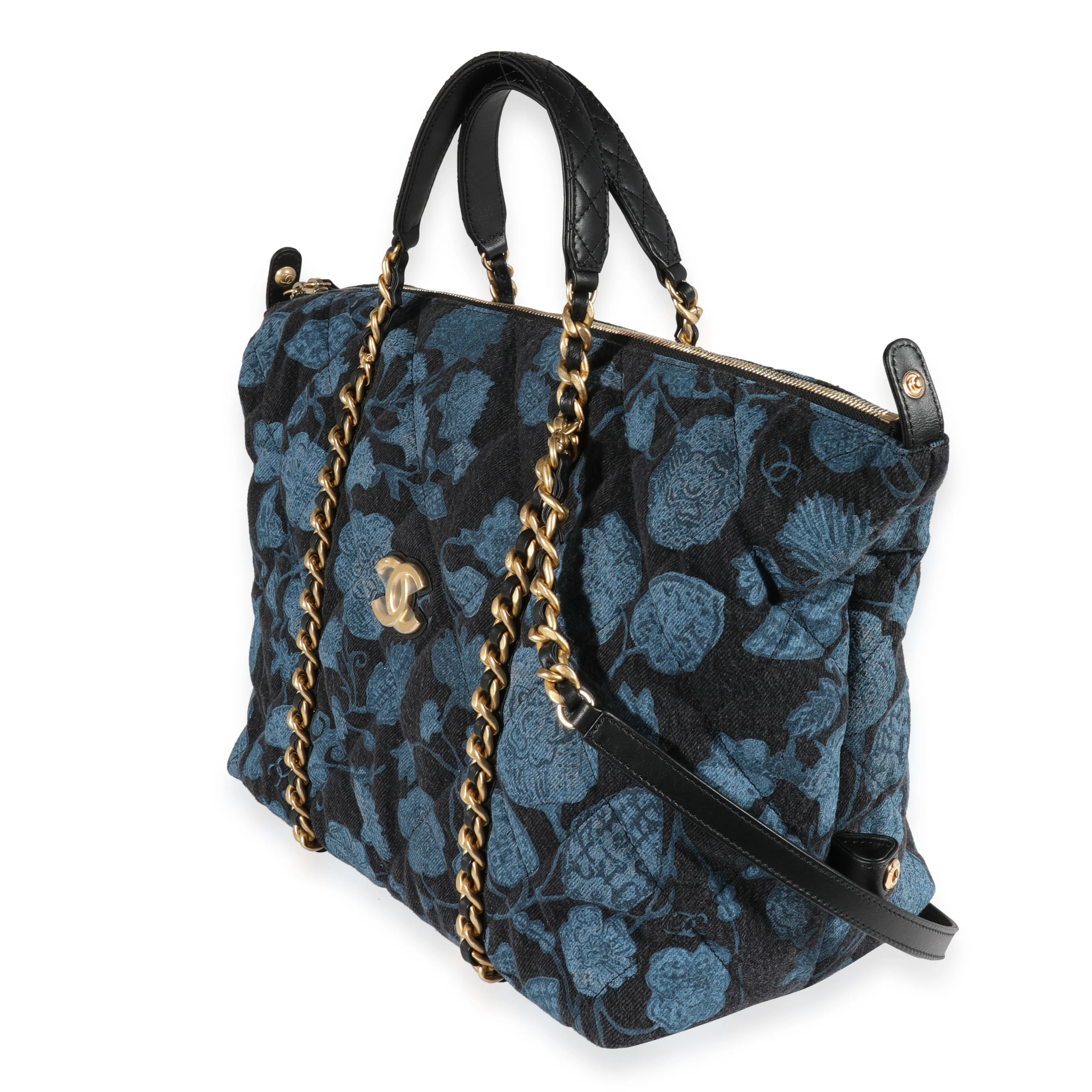 Chanel Blue Floral Quilted Denim Bowling Bag - Image 2