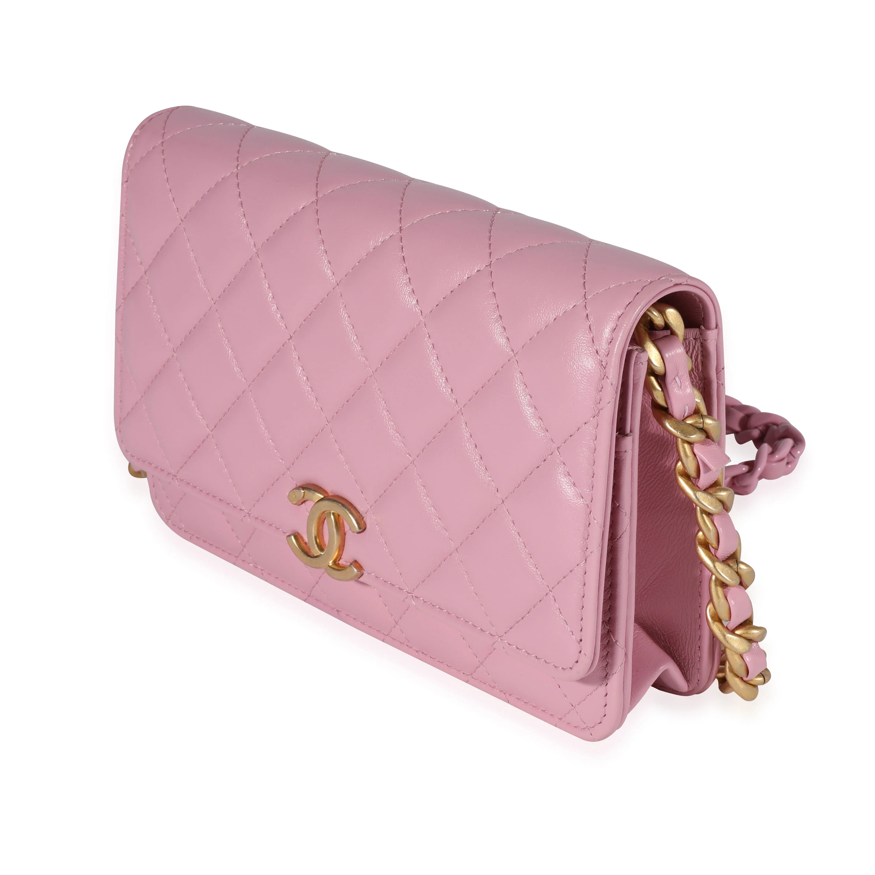 Chanel Pink Quilted Lambskin Wallet On Chain - Image 2