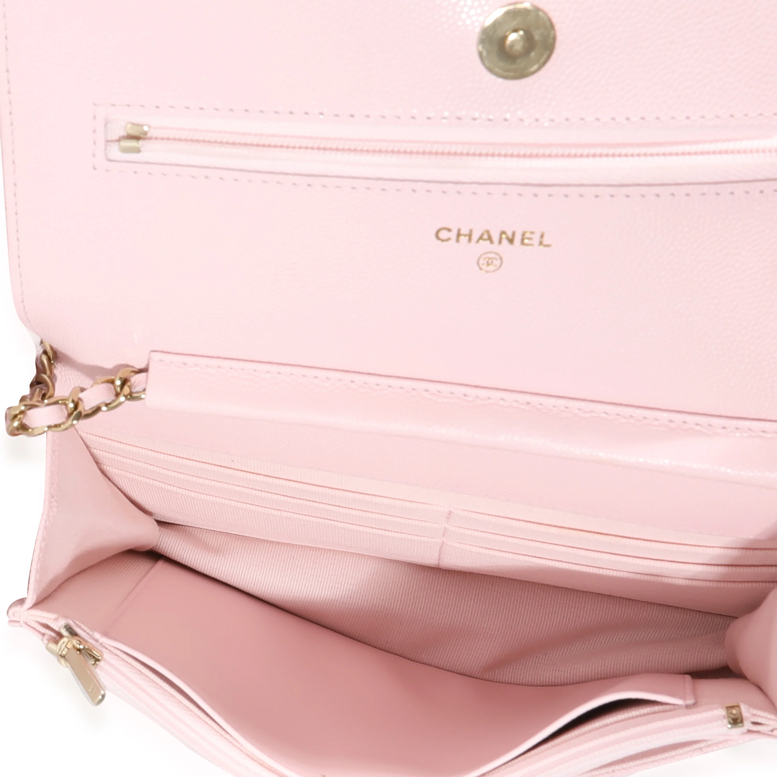 Chanel Pale Pink Quilted Caviar Wallet on Chain - Image 4