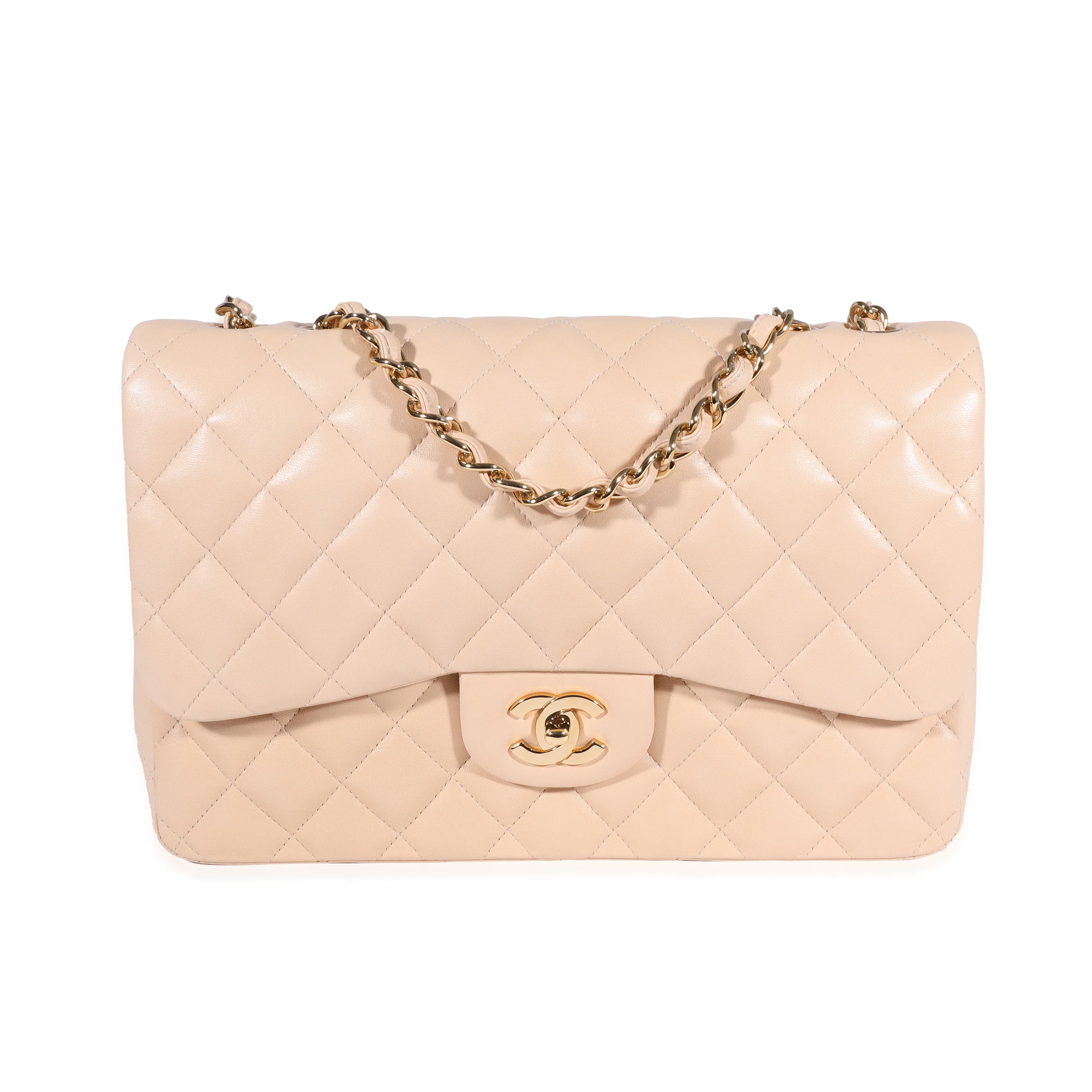 Chanel Beige Quilted Lambskin Jumbo Classic Single Flap Bag