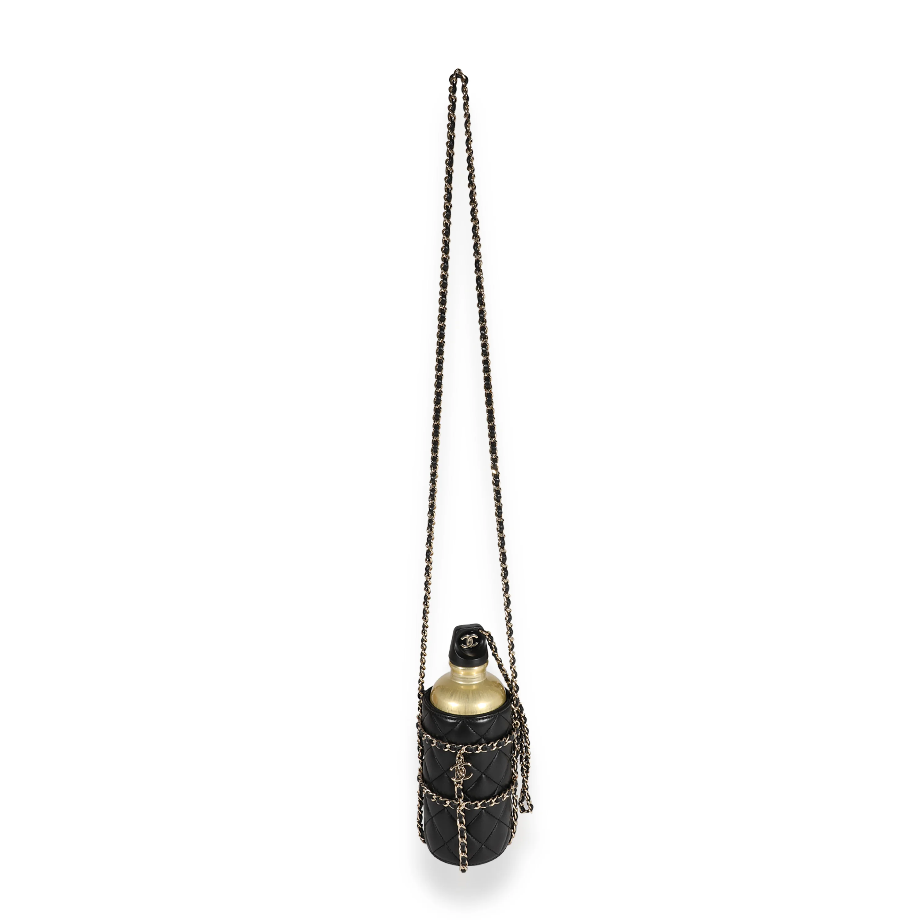 Gold Metal Water Bottle & Black Quilted Lambskin Holder - Image 5