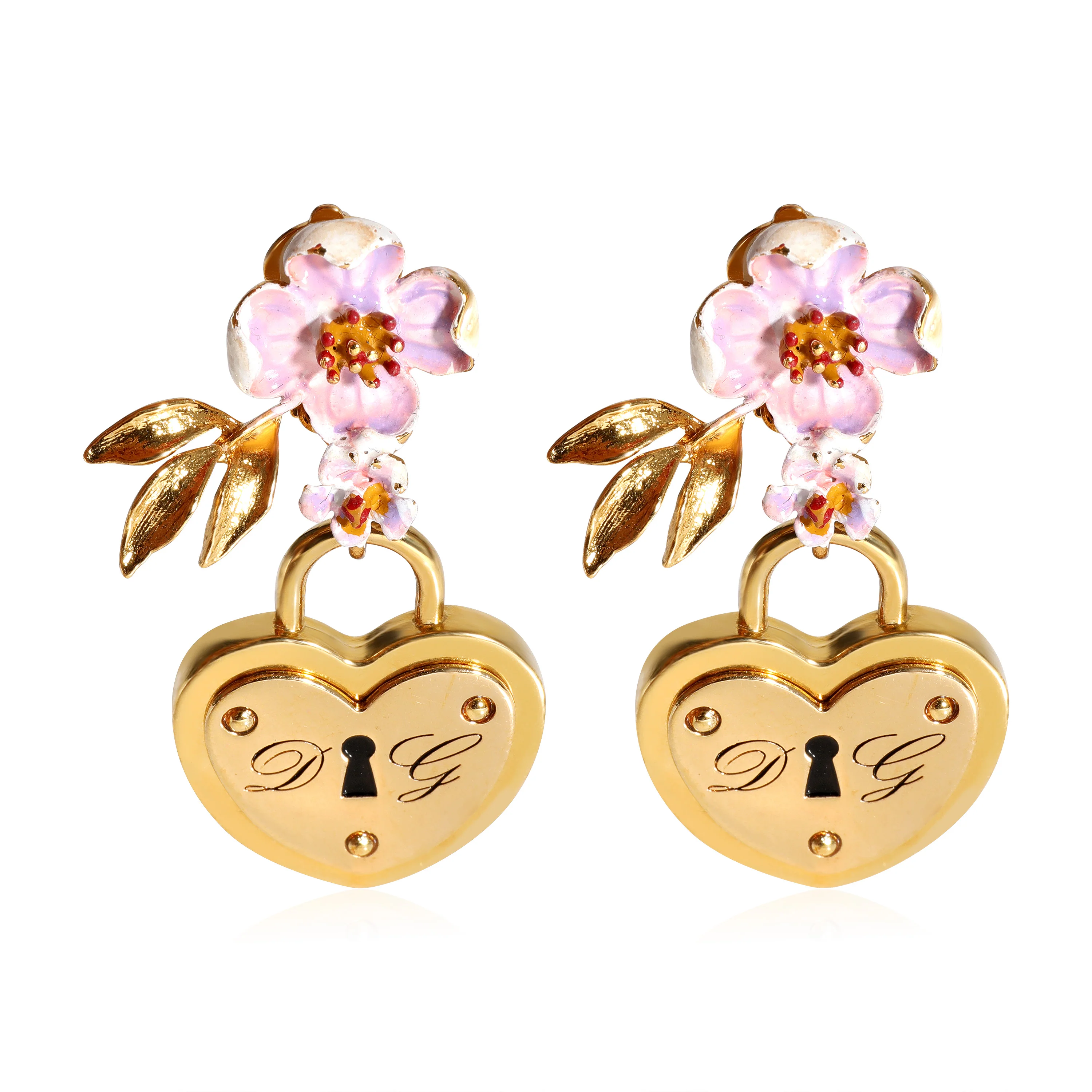 Dolce & Gabbana Gold Tone Heart Padlock Floral Clip On Earrings