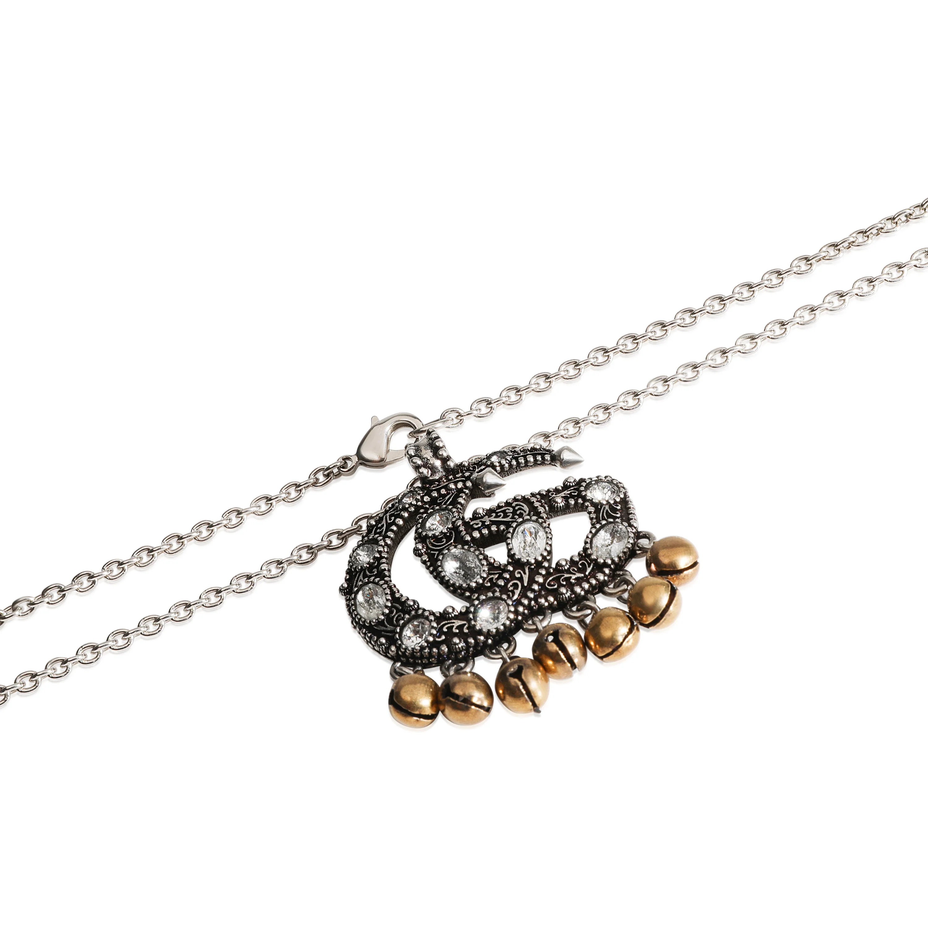 Silver Tone Gucci GG Crystal and Bell Fringe Pendant on Chain - Image 2