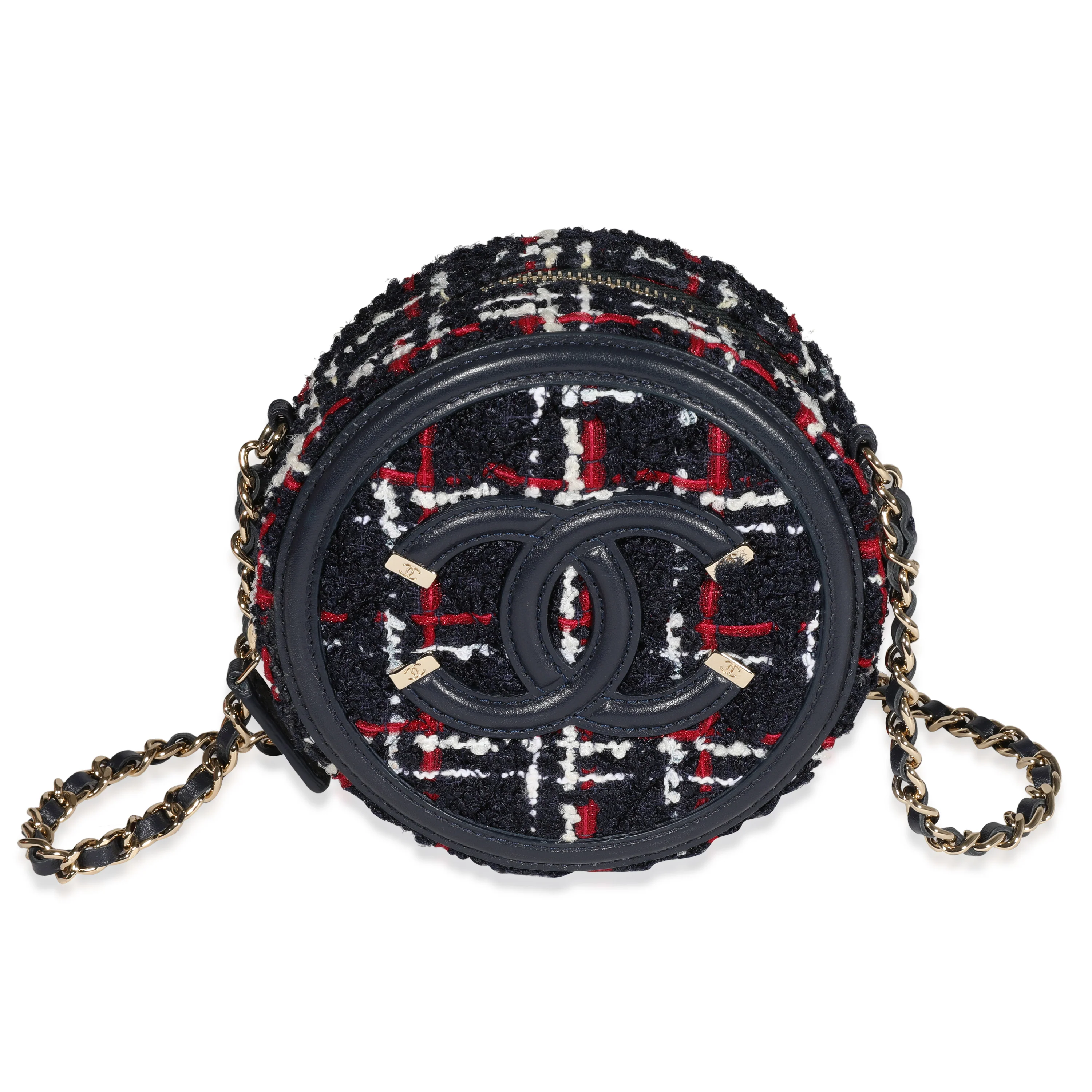 Chanel Navy Tweed & Calfskin Round Filigree Mini Crossbody