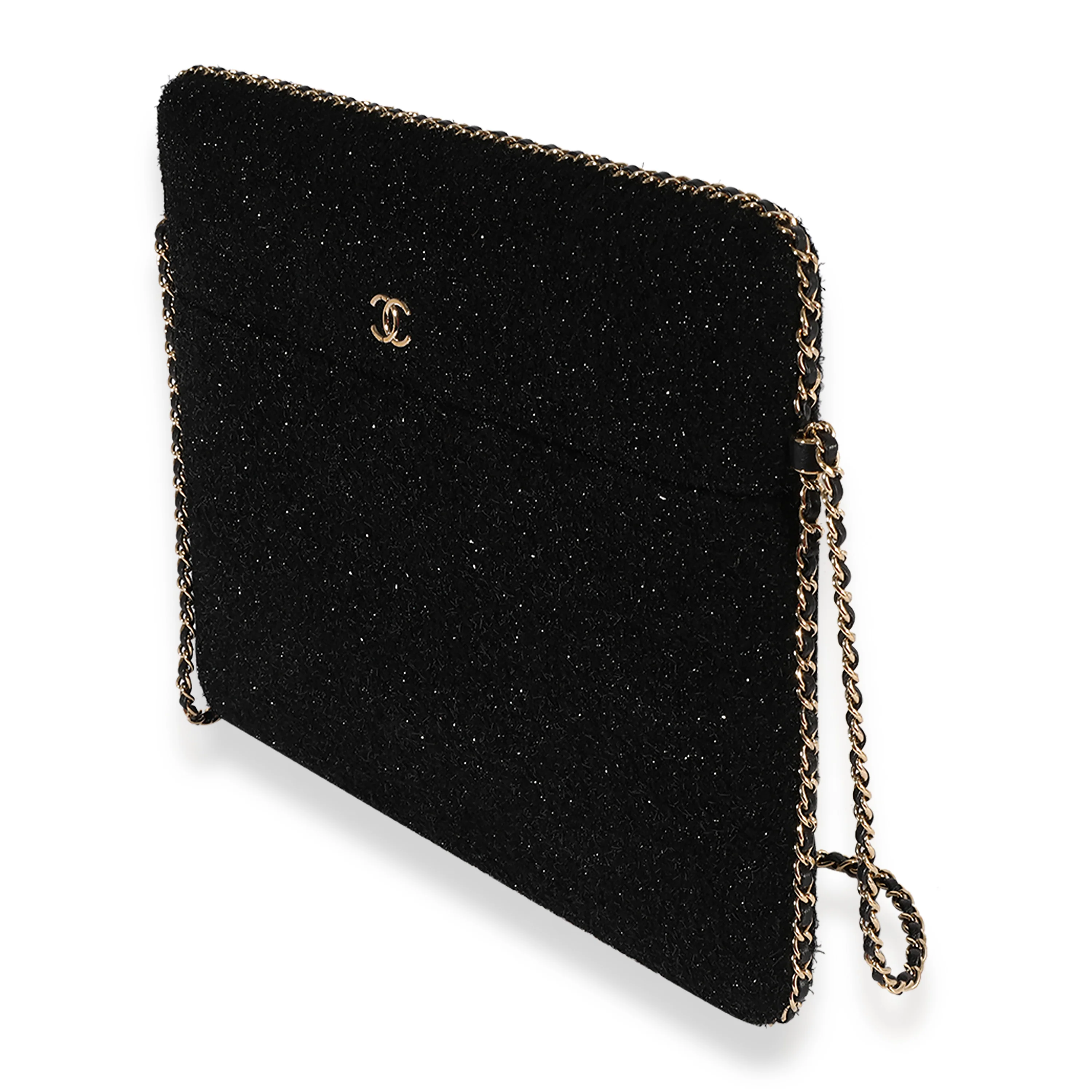 Chanel Black Metallic Tweed iPad Case with Chain - Image 2