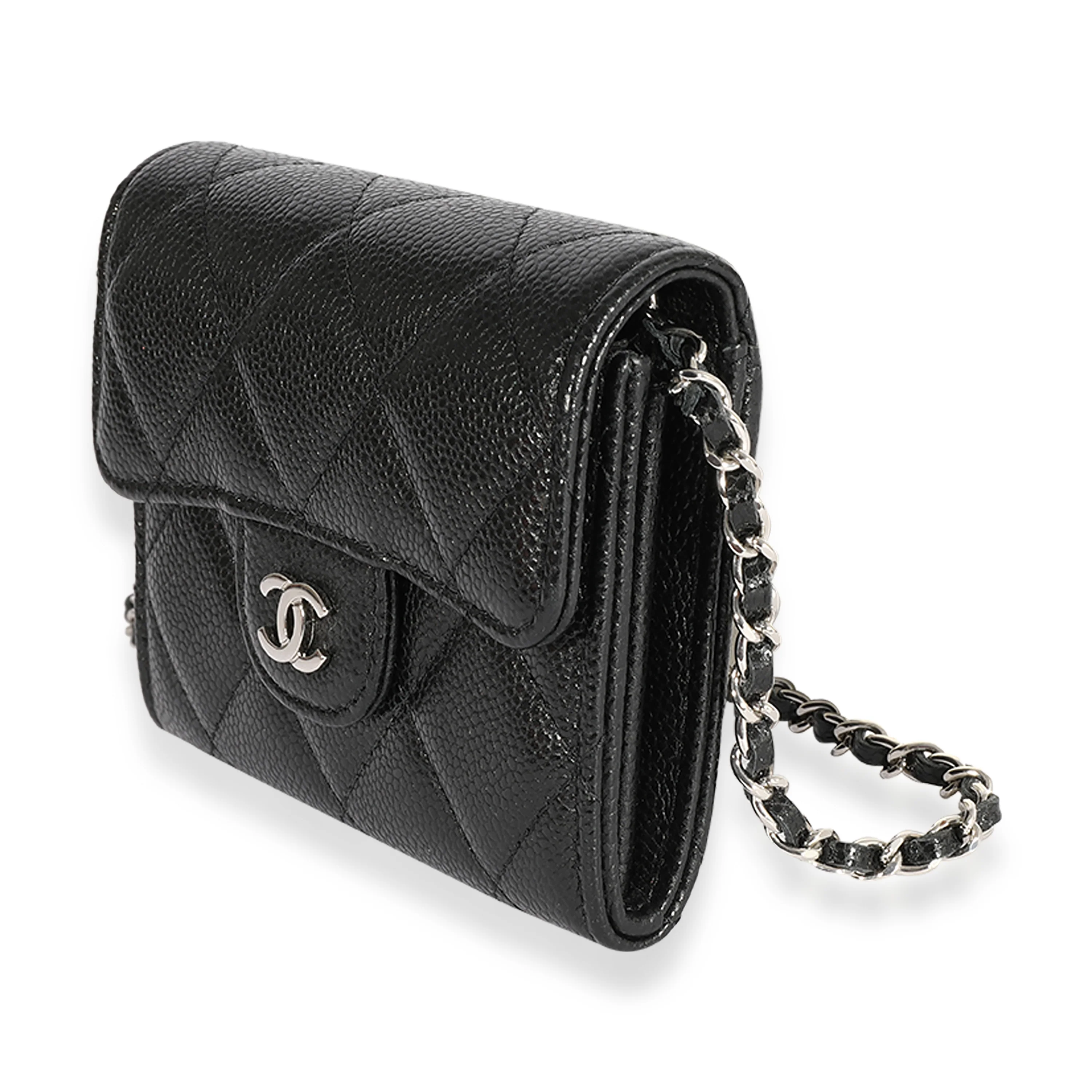 Chanel Black Quilted Caviar Mini Flap Card Holder On Chain - Image 2
