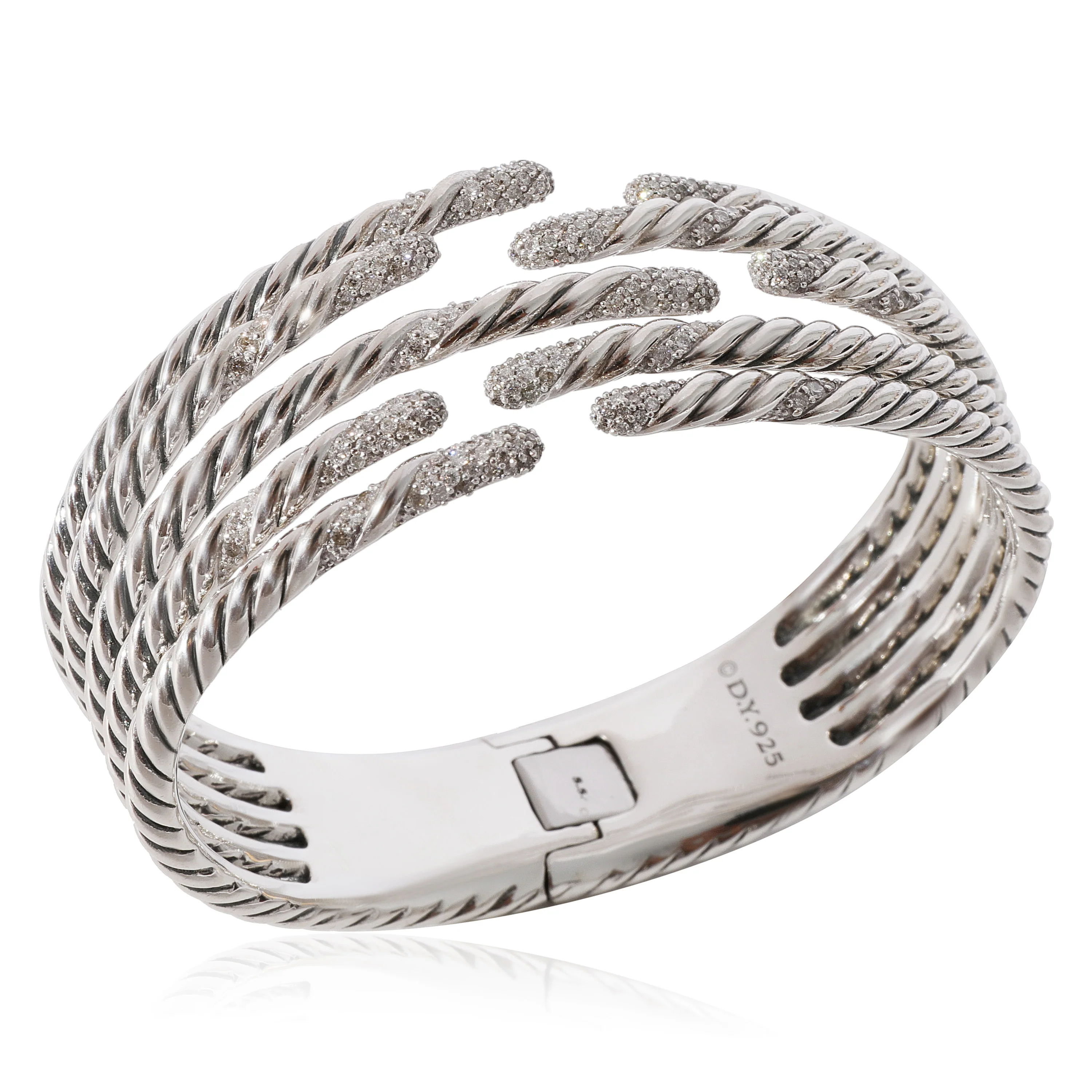 David Yurman Willow Diamond Open Hinged Cuff Sterling Silver 1.35 CTW - Image 3