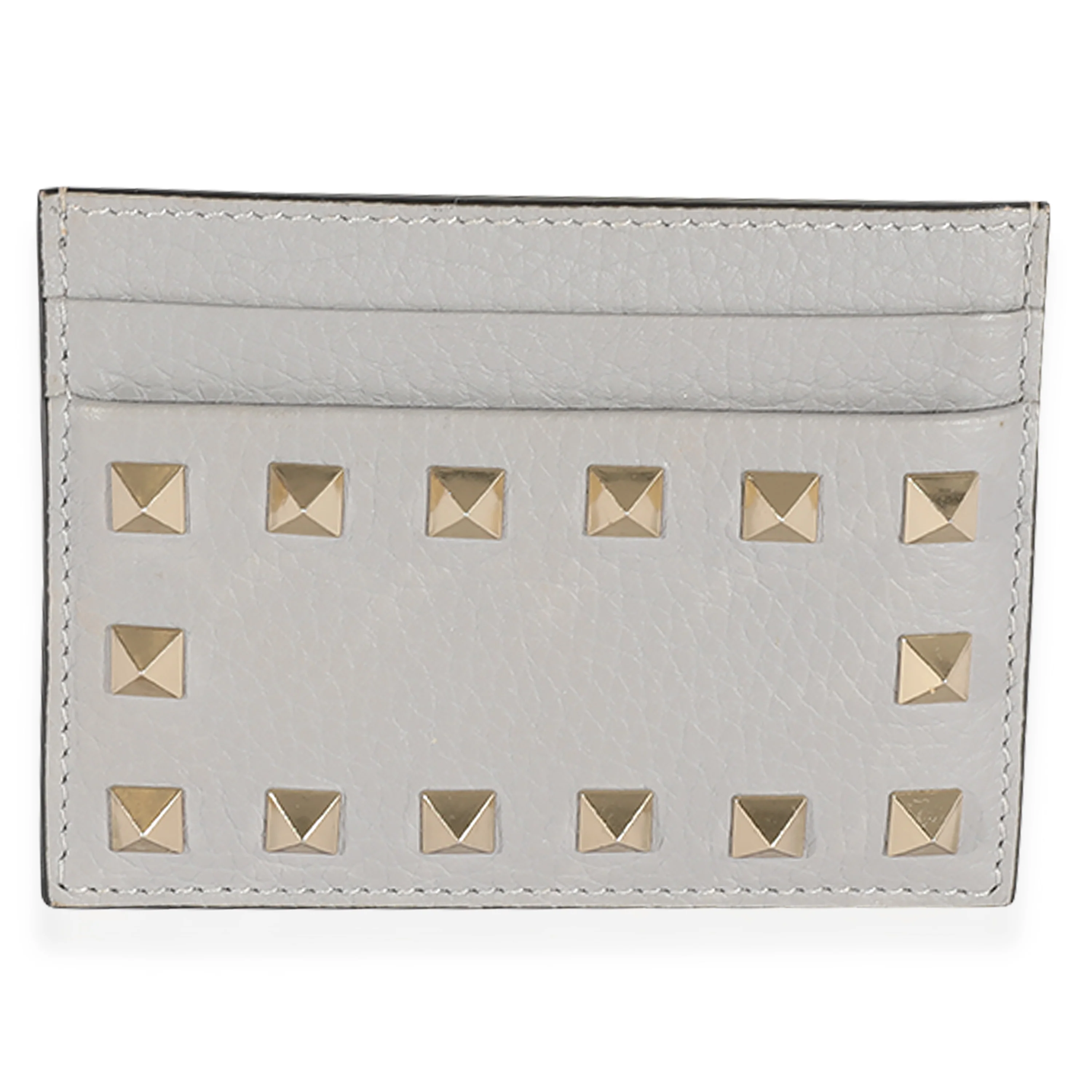 Valentino Gray Pebbled Calfskin Rockstud Card Holder