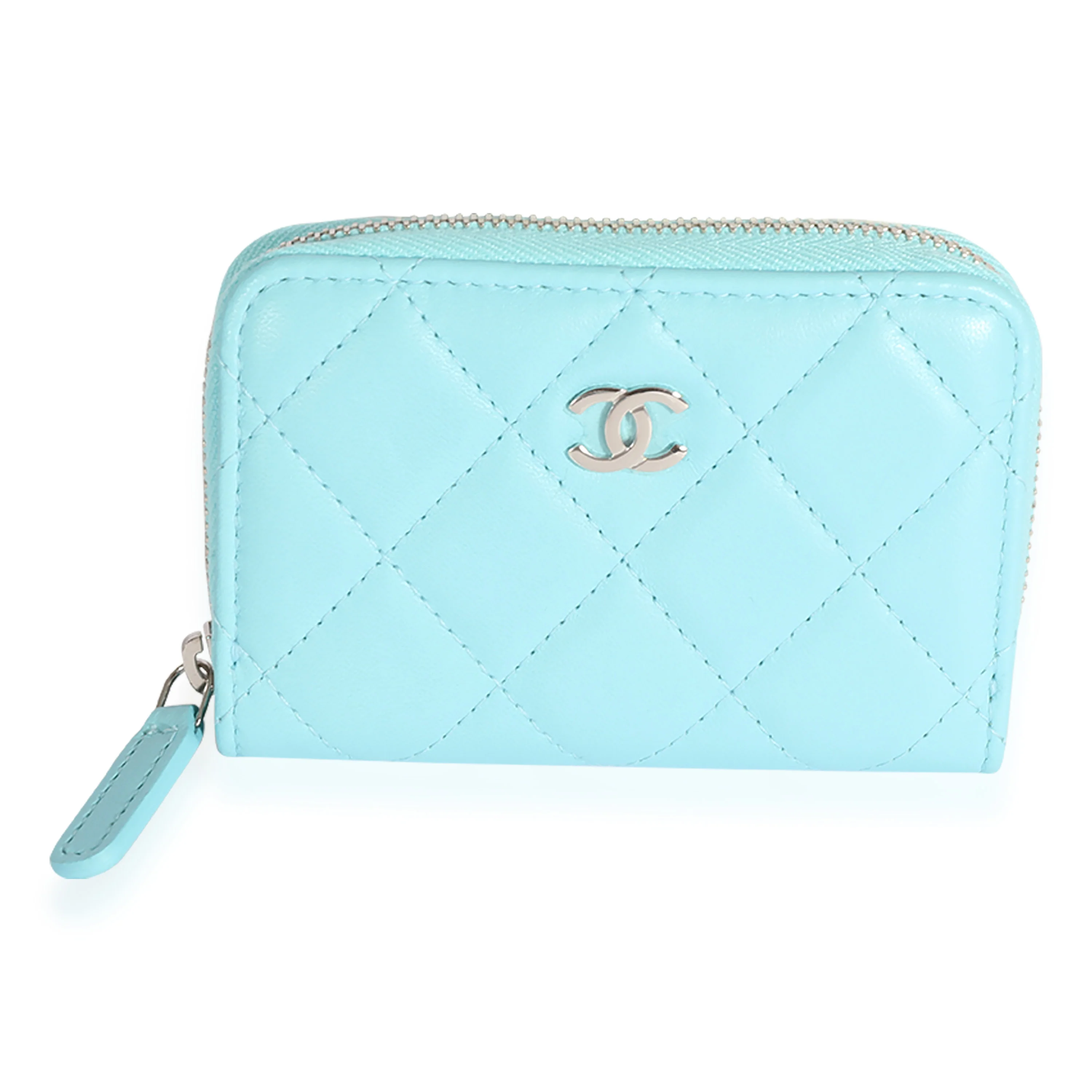 Chanel Light Blue Quilted Lambskin Zippy Card Holder Wallet