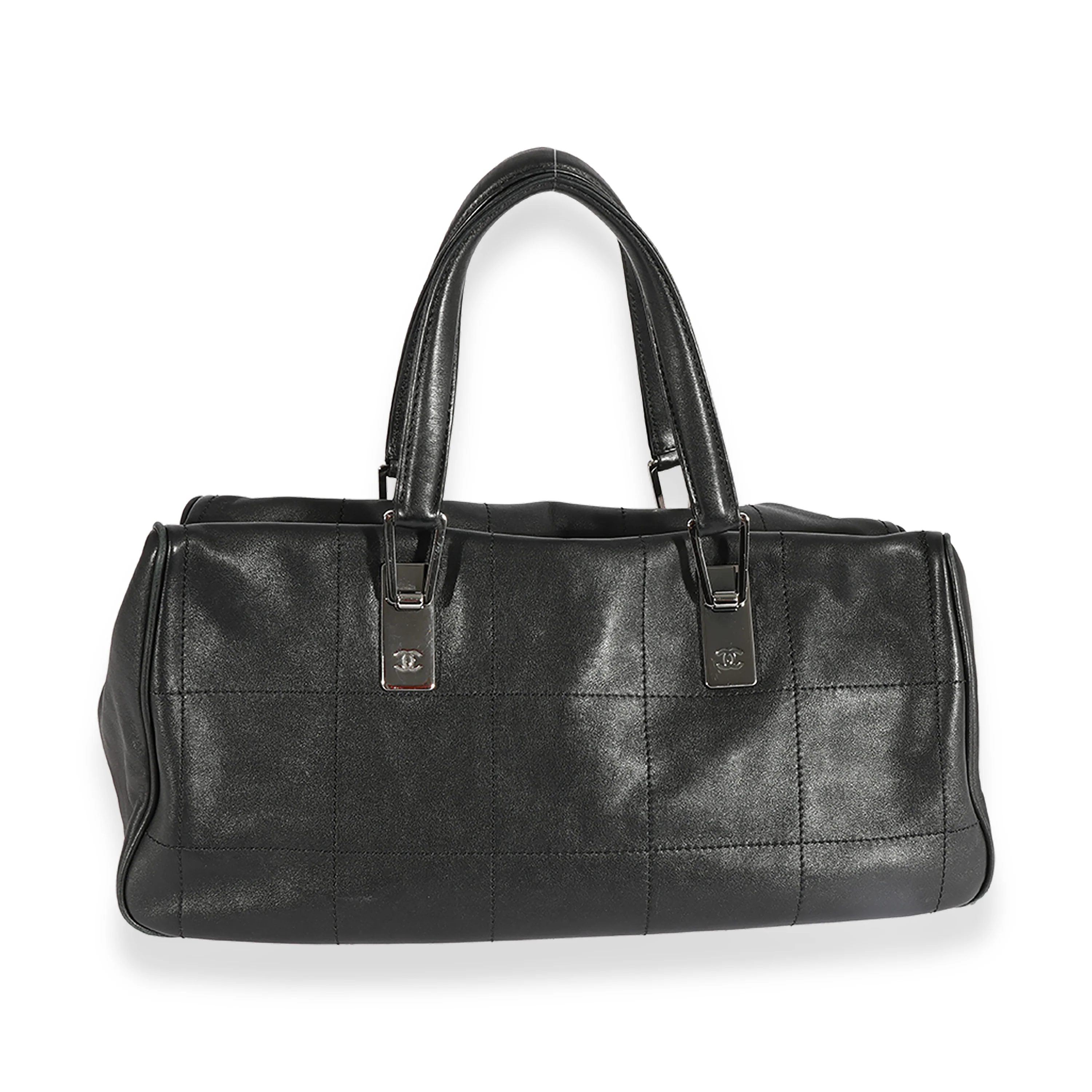 Chanel Black Square Stitch Leather Bowling Bag - Image 3