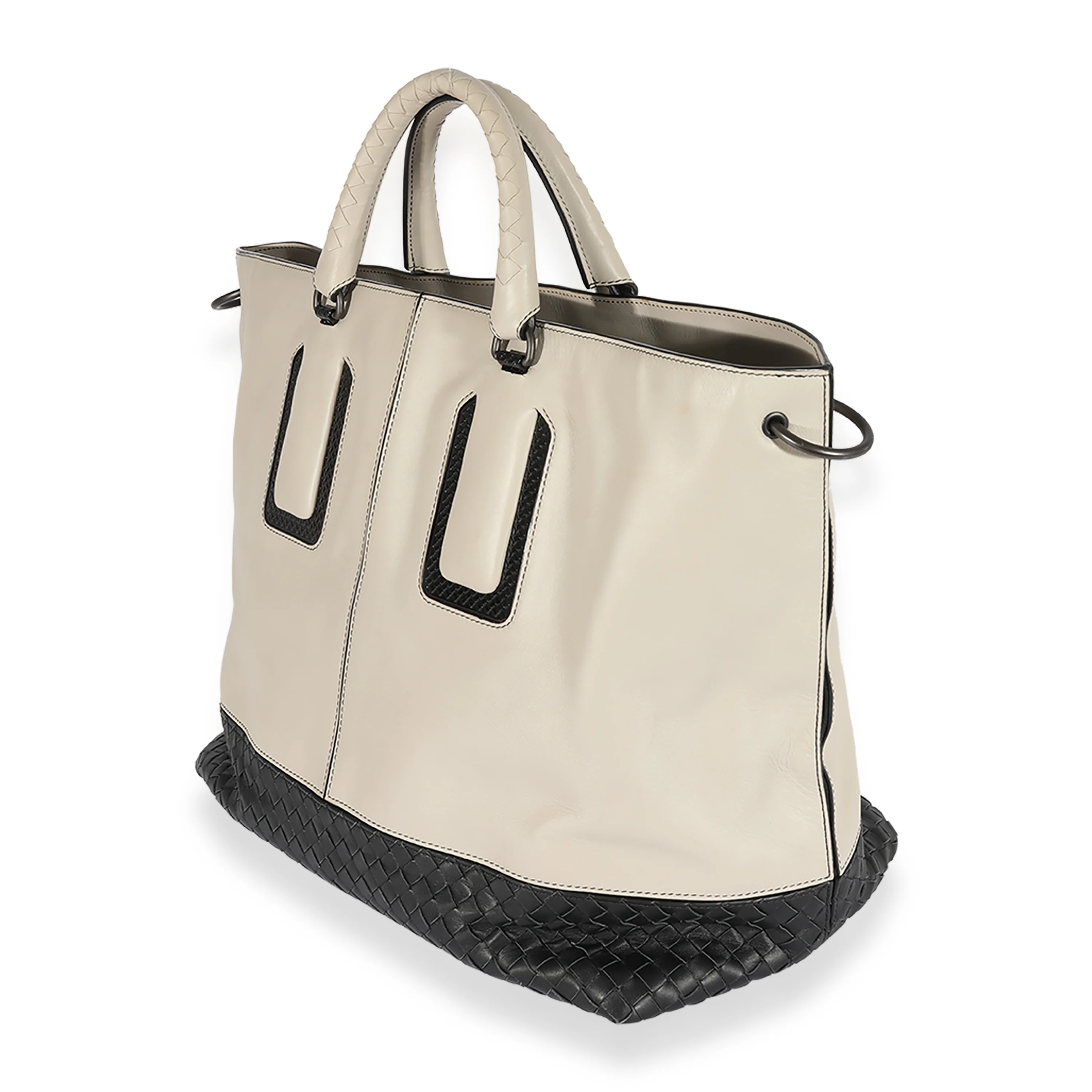 Bottega Veneta Taupe Leather & Black Intrecciato Convertible Tote - Image 2