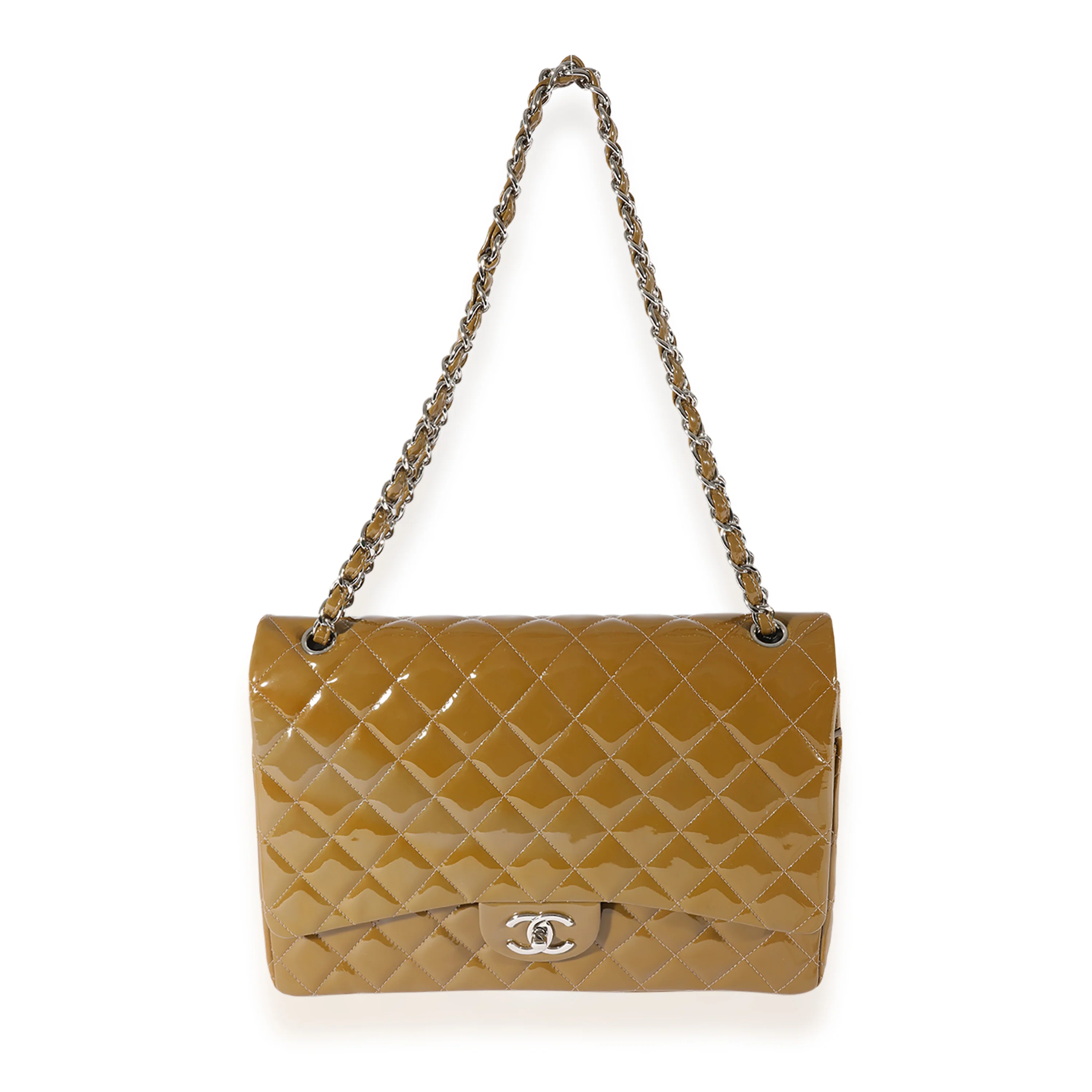 Chanel Tan Quilted Patent Leather Maxi Double Flap - Image 4