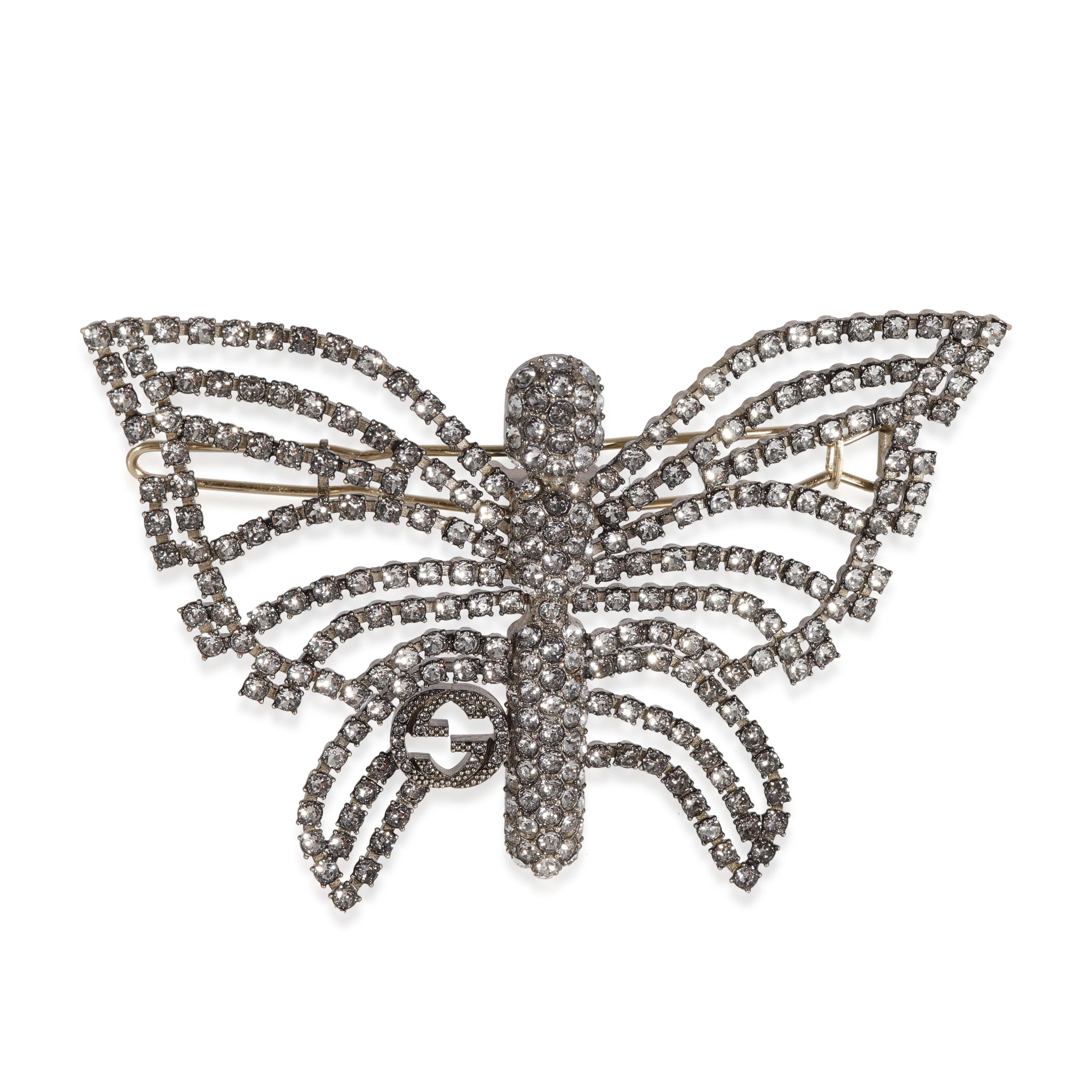Gucci Silver Tone GG Crystal Butterfly Hairclip, 3 Wingspan